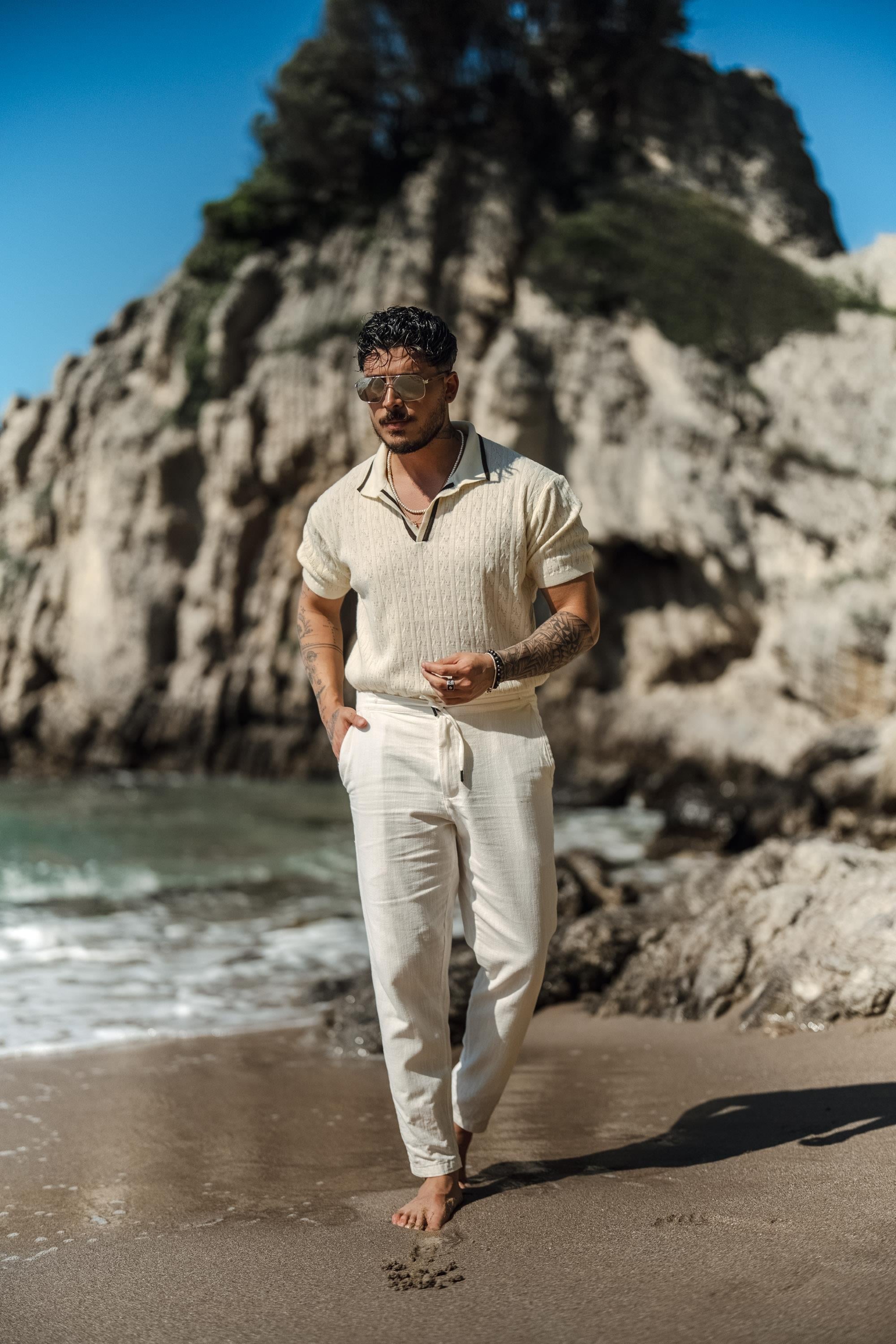Polo Yaka Şerit İşlemeli T-Shirt Beyaz-Kahve