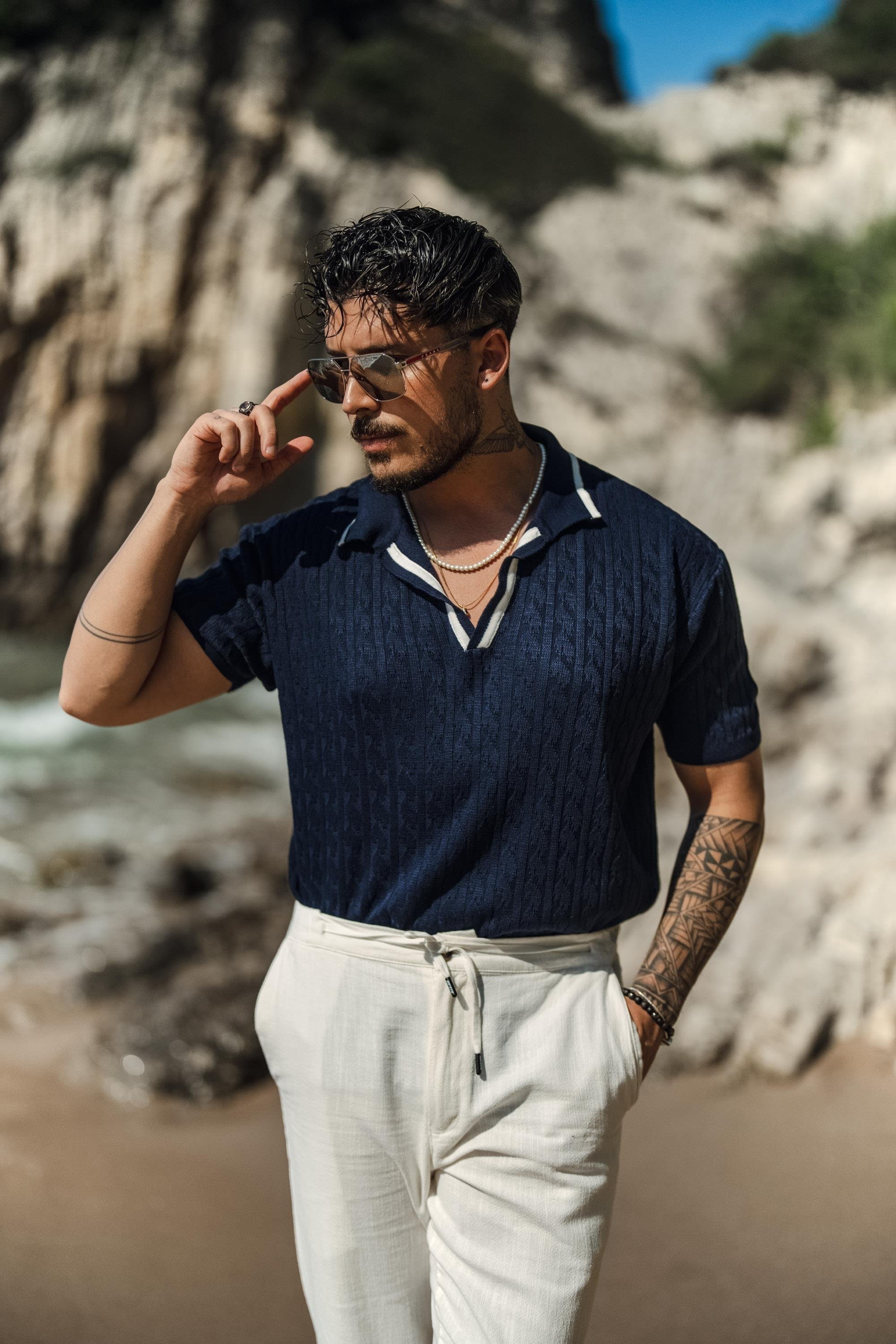 Polo Yaka Şerit İşlemeli T-Shirt Lacivert