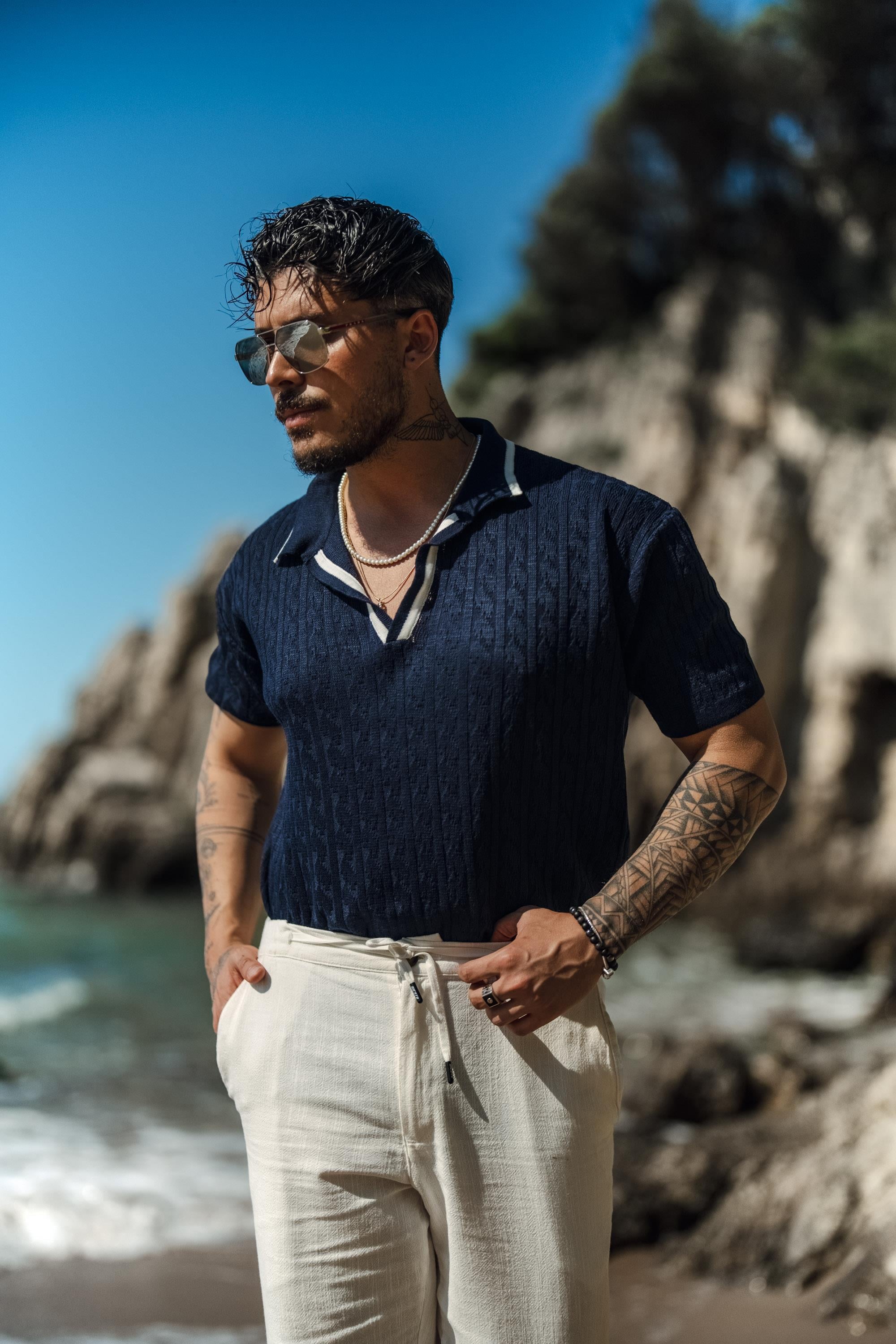 Polo Yaka Şerit İşlemeli T-Shirt Lacivert
