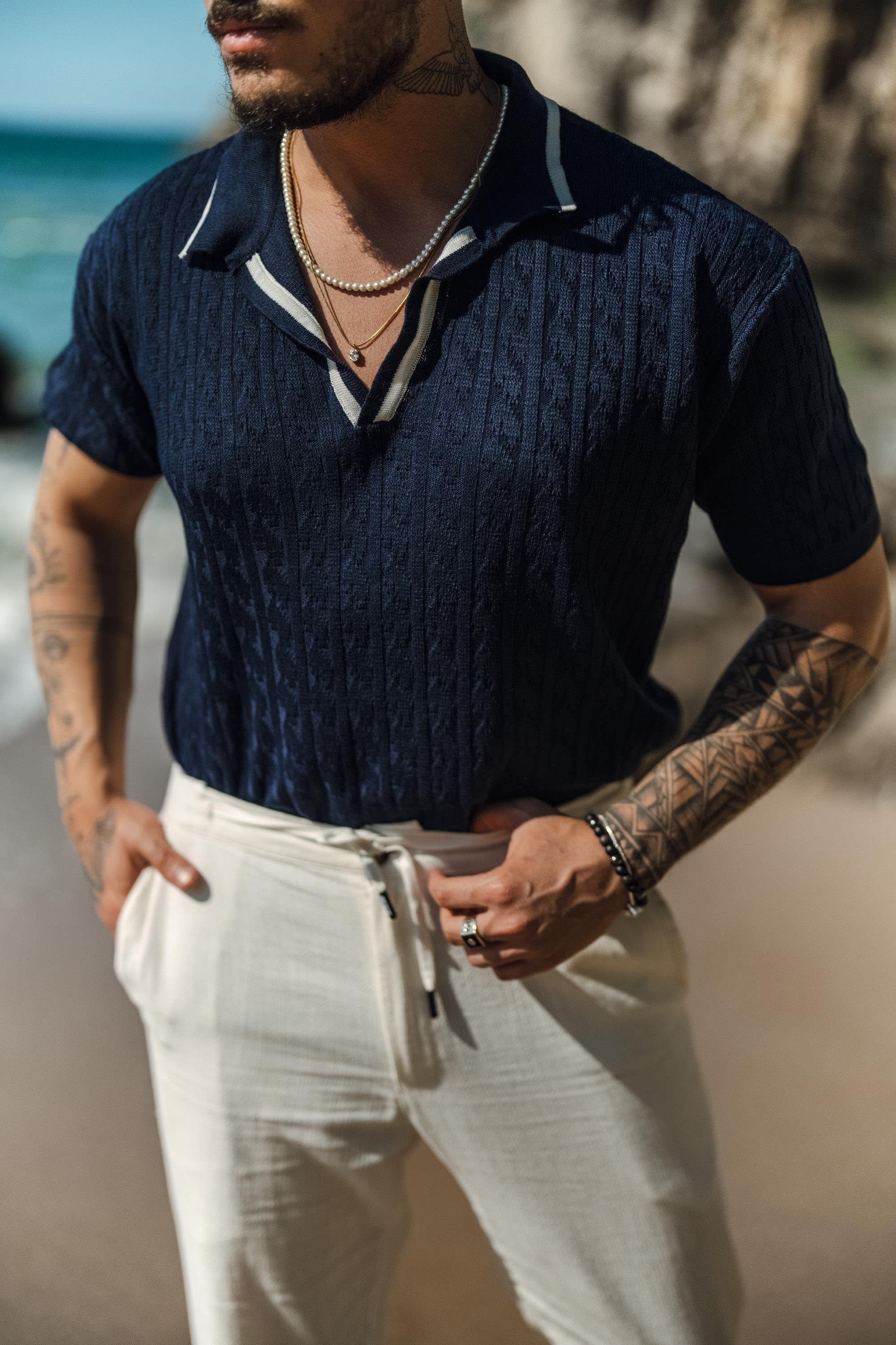 Polo Yaka Şerit İşlemeli T-Shirt Lacivert