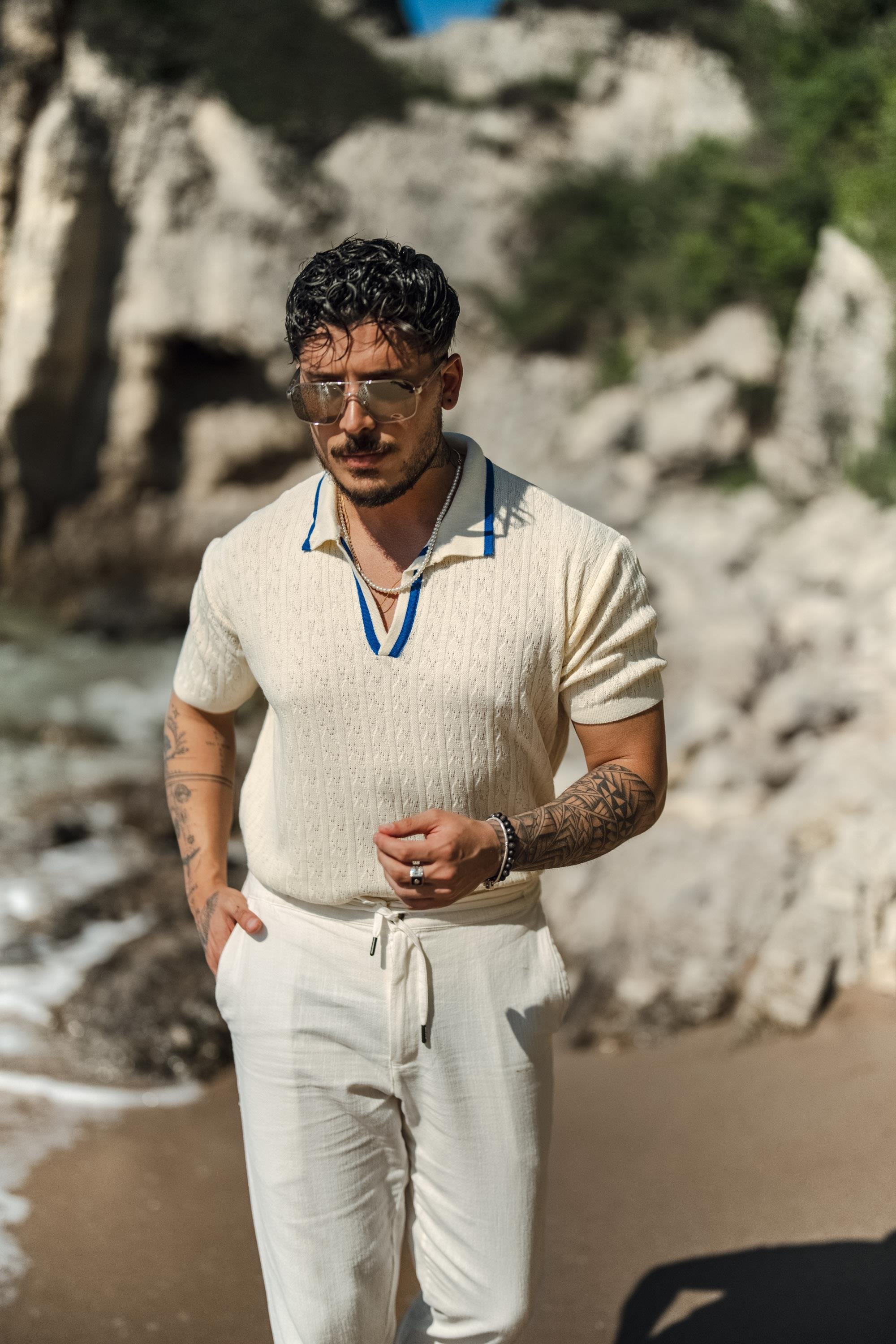 Polo Yaka Şerit İşlemeli T-Shirt Mavi-Beyaz