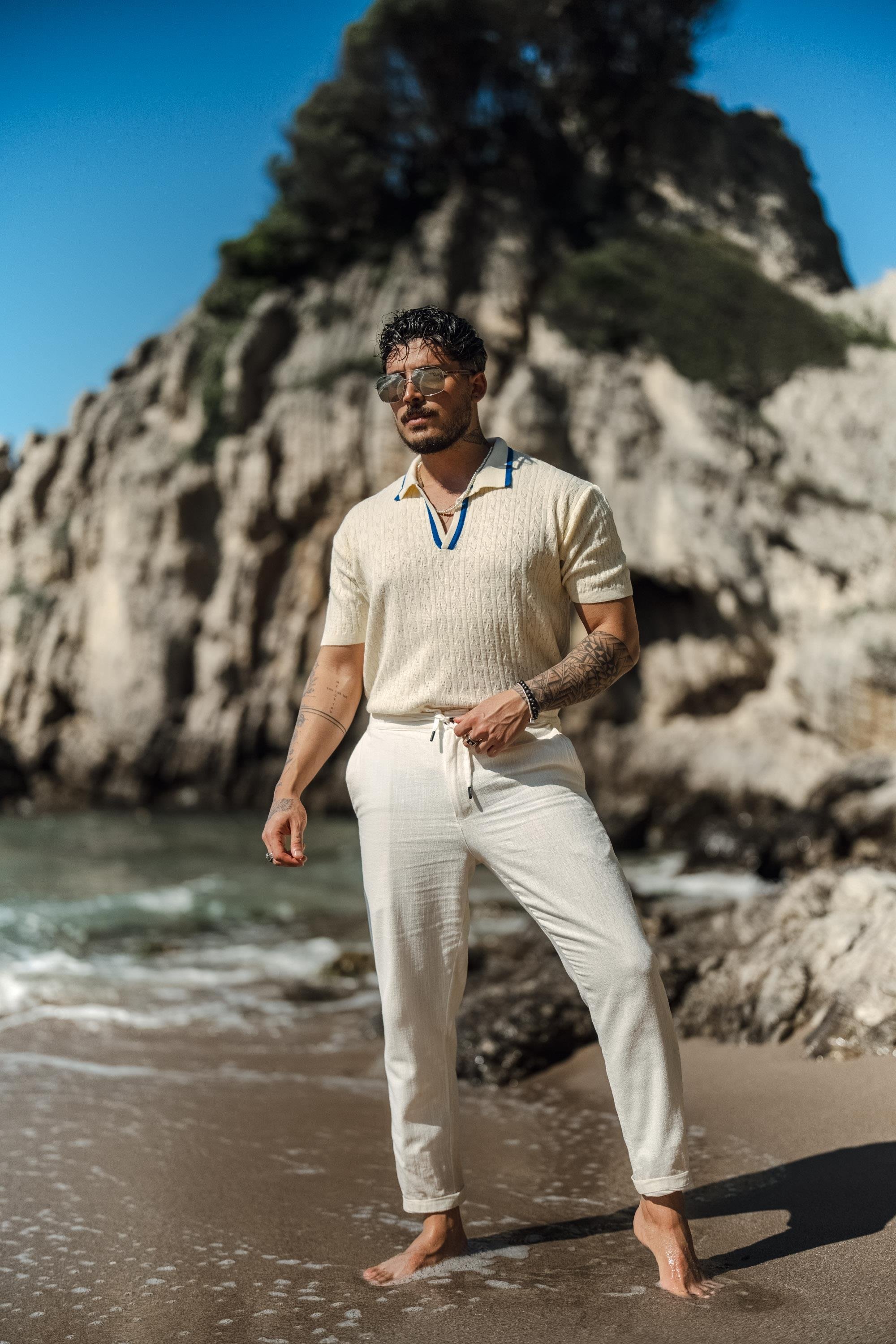 Polo Yaka Şerit İşlemeli T-Shirt Mavi-Beyaz