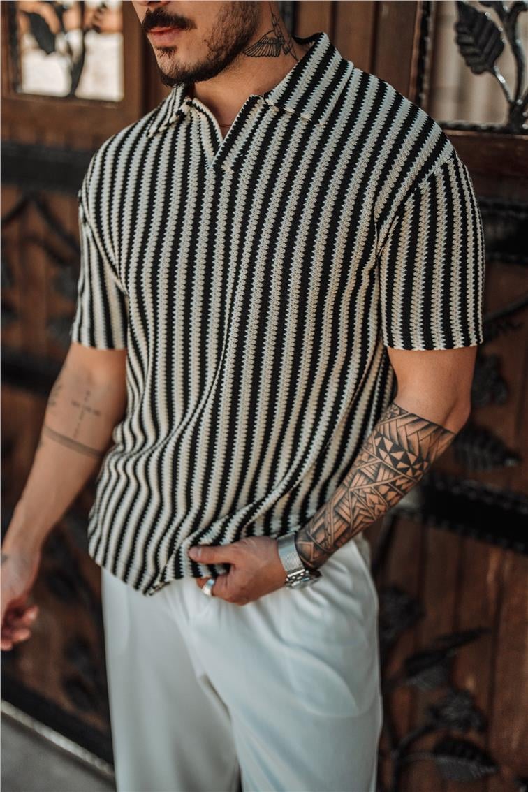 Polo Yaka Şeritli Örme T-Shirt Krem