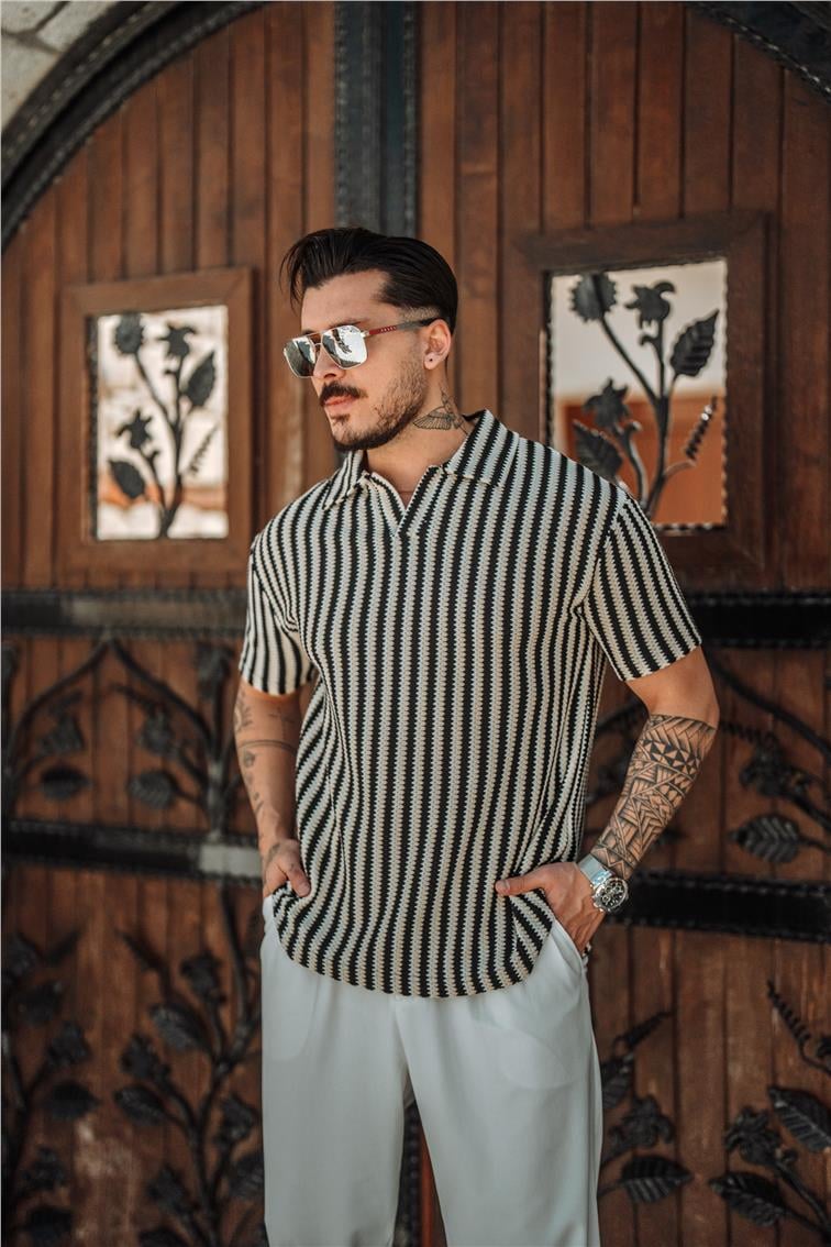Polo Yaka Şeritli Örme T-Shirt Krem