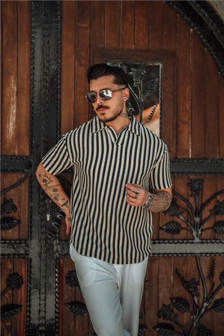 Polo Yaka Şeritli Örme T-Shirt Krem