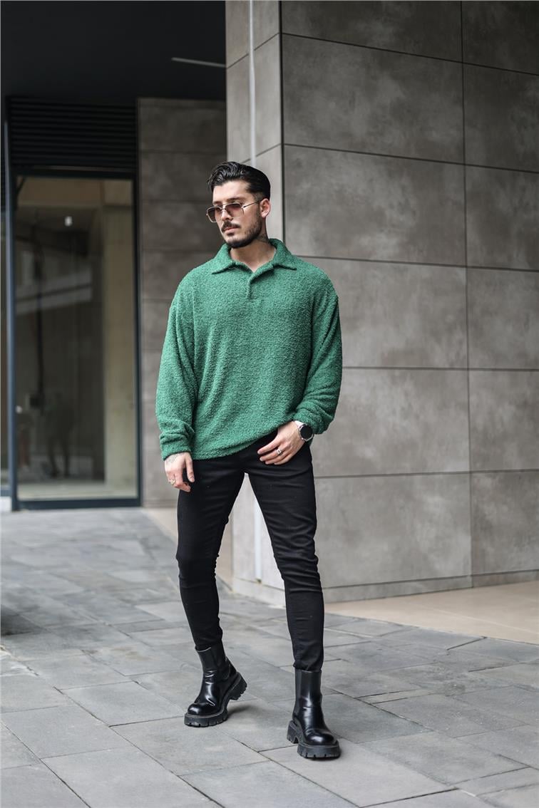 Polo Yaka Yün Oversize Kazak Yeşil