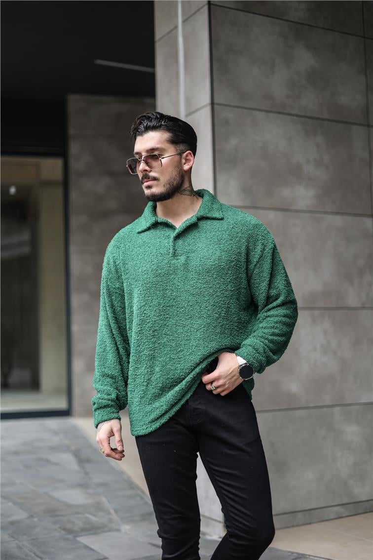 Polo Yaka Yün Oversize Kazak Yeşil
