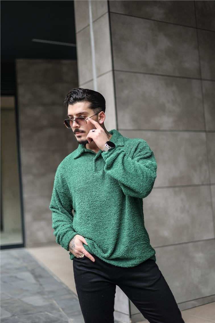 Polo Yaka Yün Oversize Kazak Yeşil