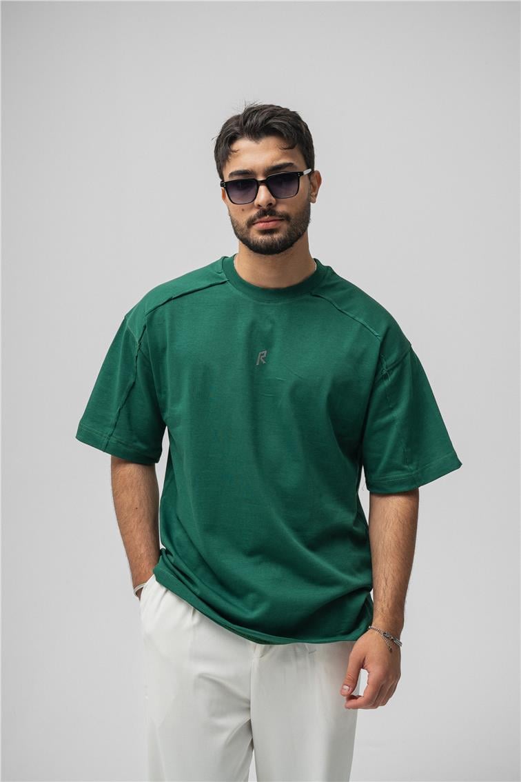 R Basıkılı Oversize T-Shirt Yeşil