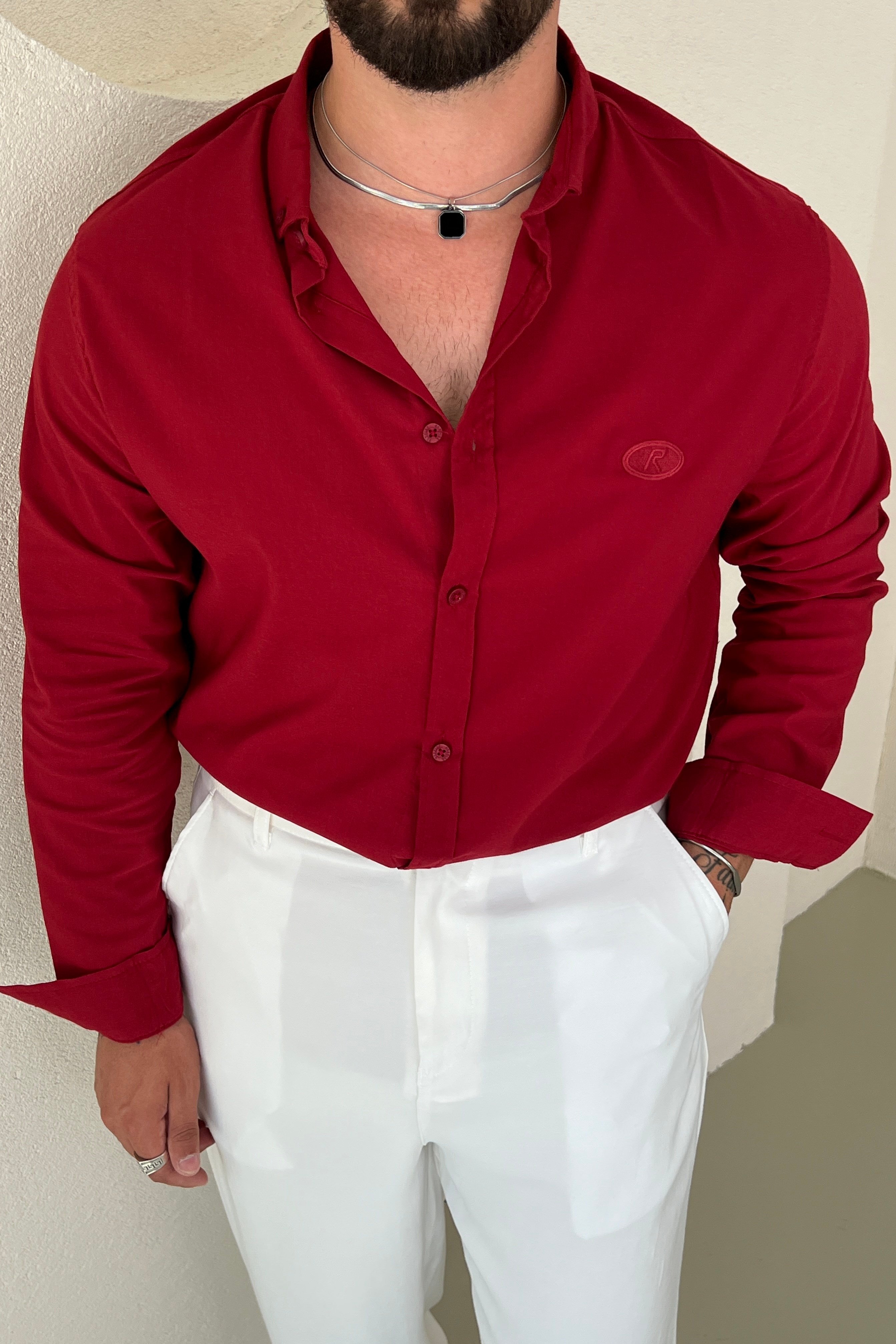 R Minimal Nakışlı Oversize Gömlek Bordo
