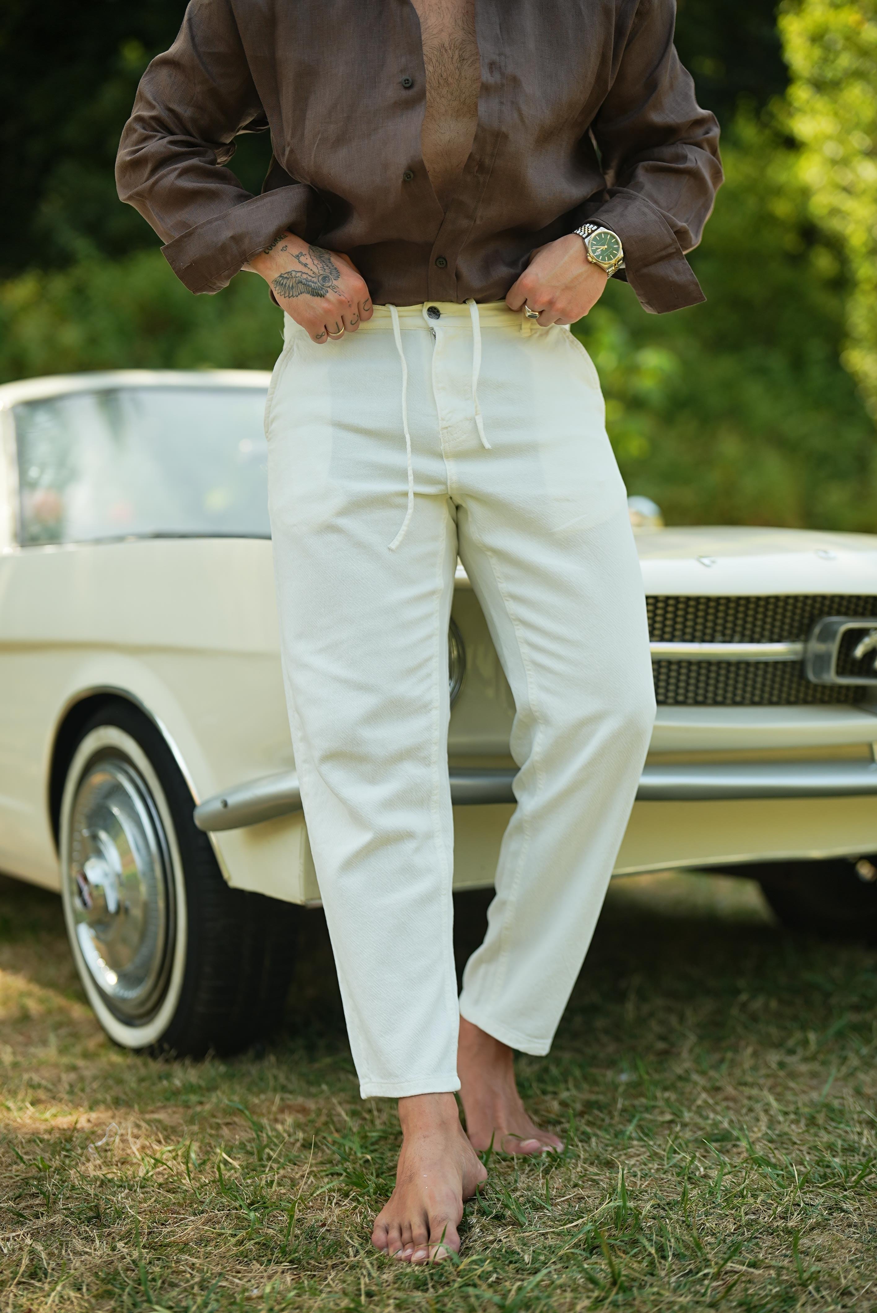 Rahat Kalıp Dokulu Pantolon Beyaz