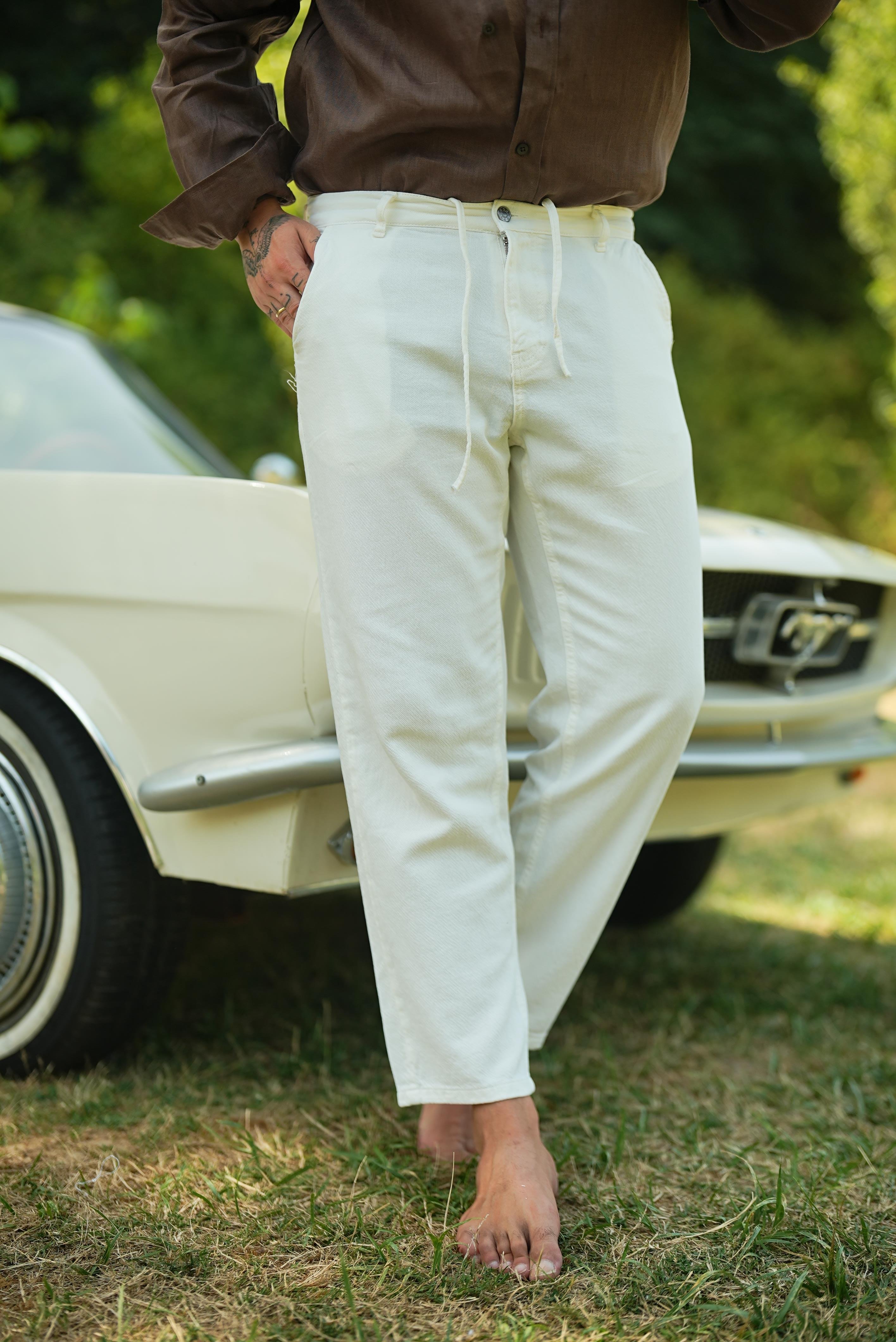 Rahat Kalıp Dokulu Pantolon Beyaz