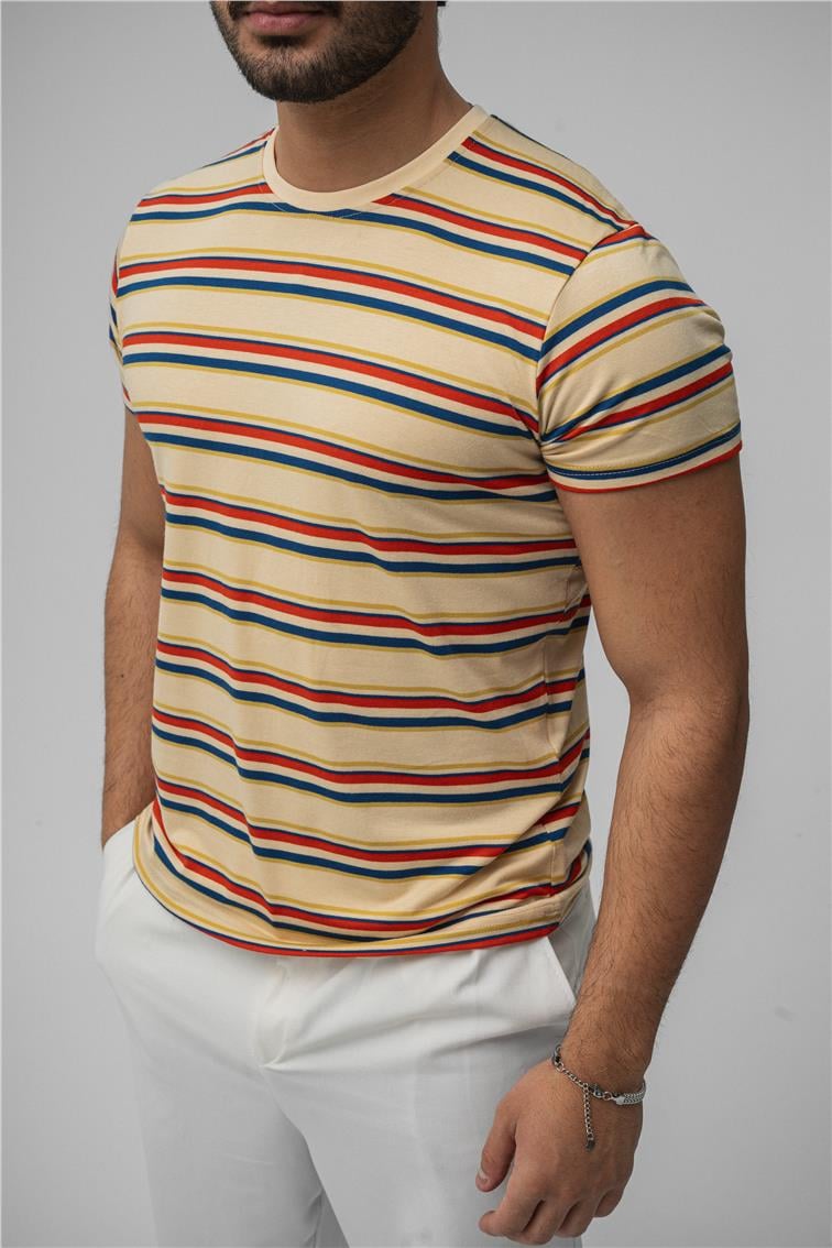 Rahat Kesim Çizgili T-Shirt Bej