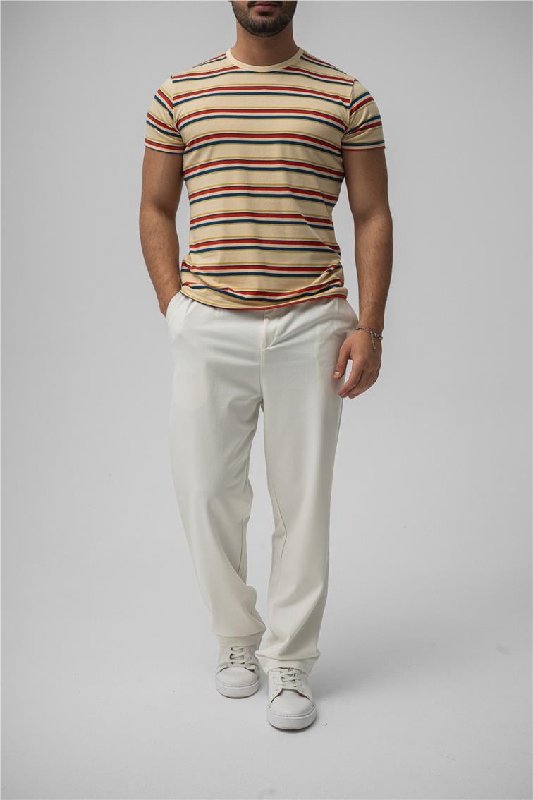 Rahat Kesim Çizgili T-Shirt Bej