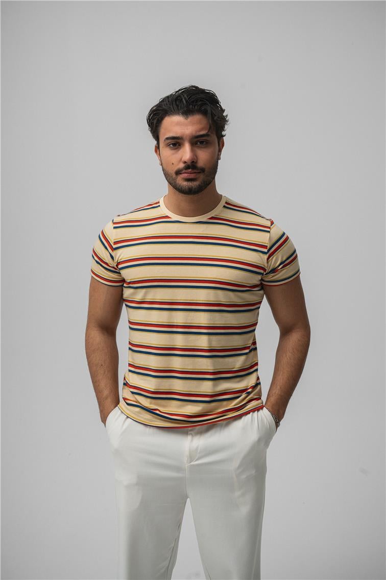 Rahat Kesim Çizgili T-Shirt Bej