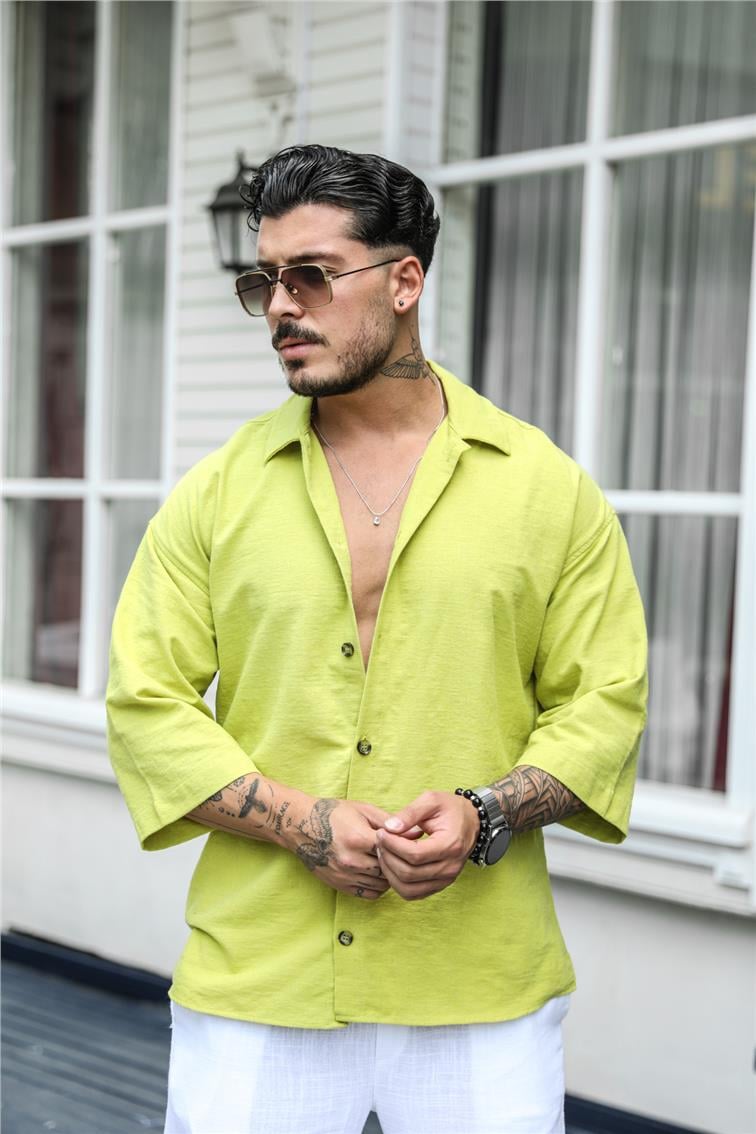 Rahat Şile Bezi Oversize Fakir Kol Gömlek Fıstık Yeşiili