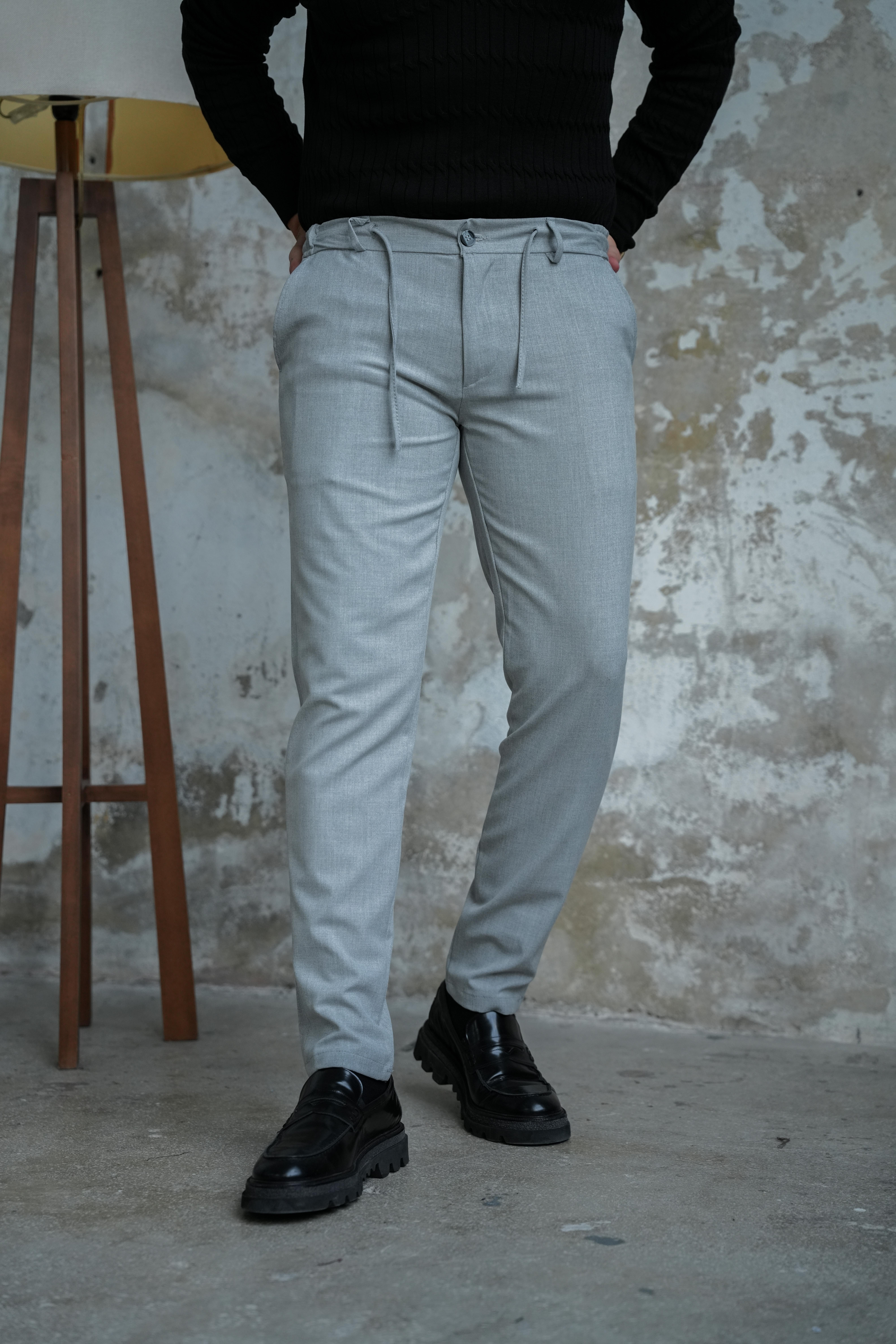 Regular Fit Bel Bağlamalı Klasik Pantolon Gri