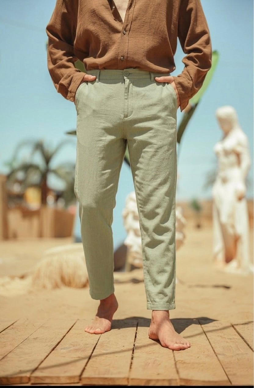 Regular Fit Keten Pantolon Yeşil