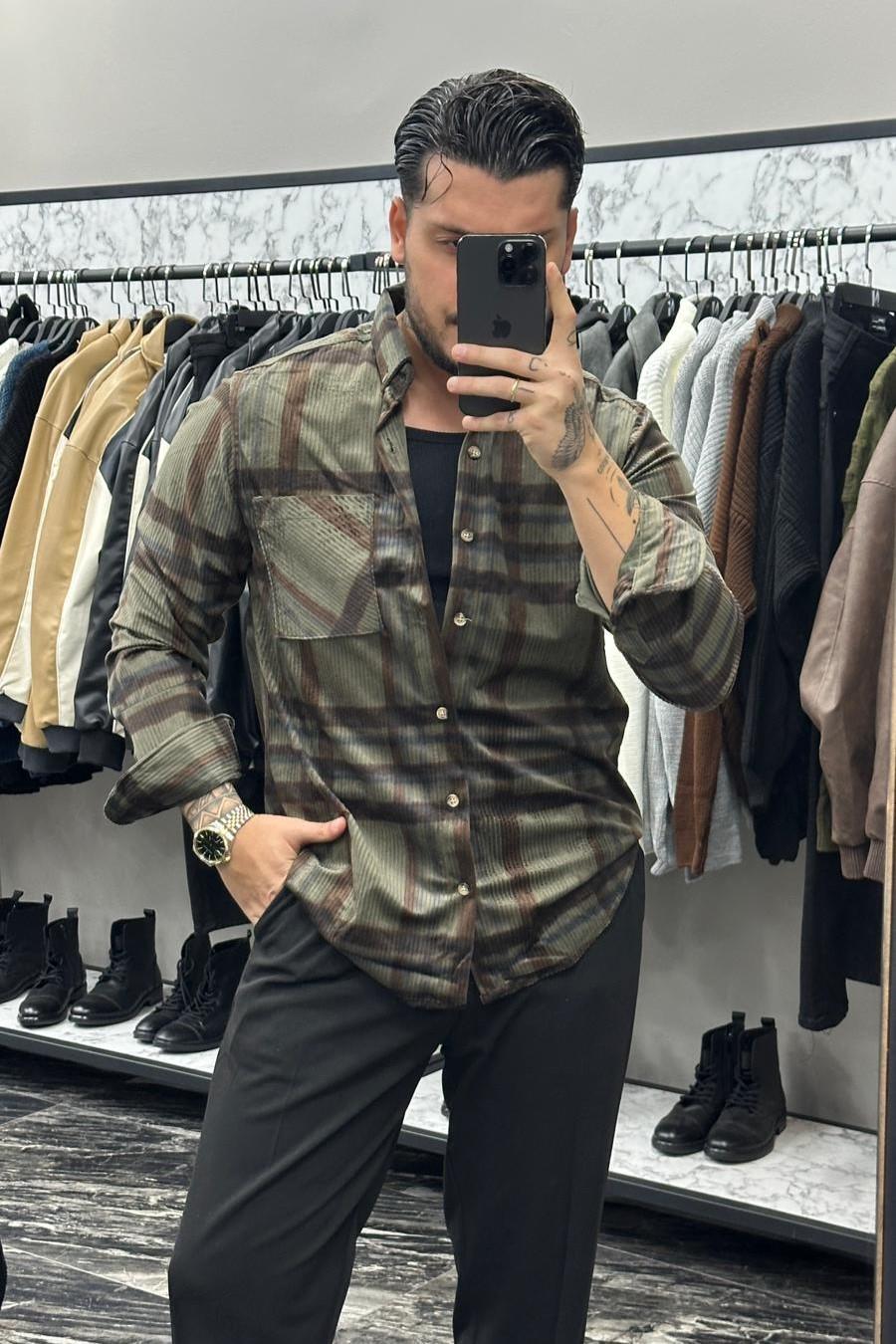 Renk Geçişli Kadife Normal Kalıp Gömlek Yeşil