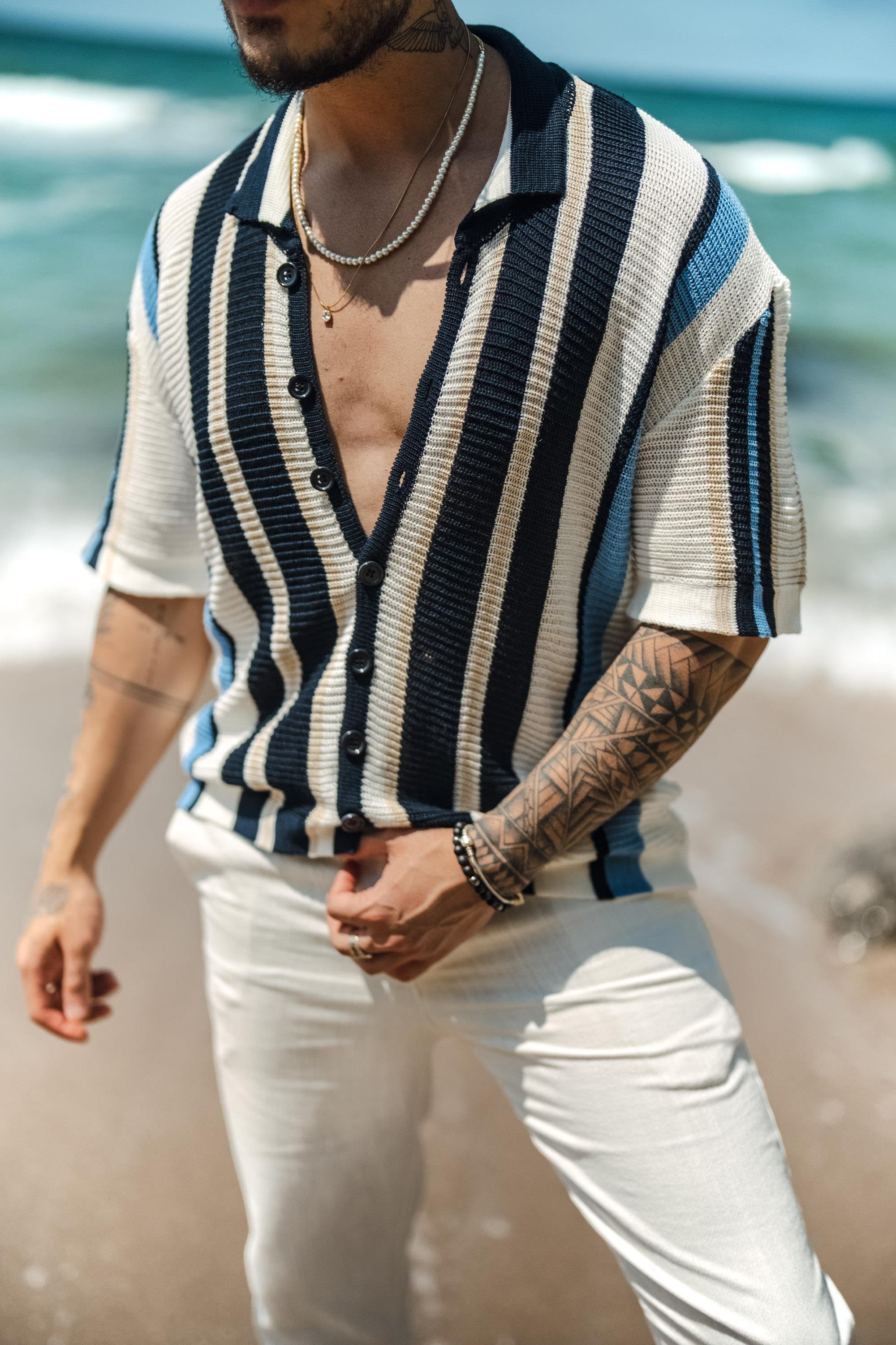 Renkli  Şeritli Örme Gömlek Beyaz-Mavi