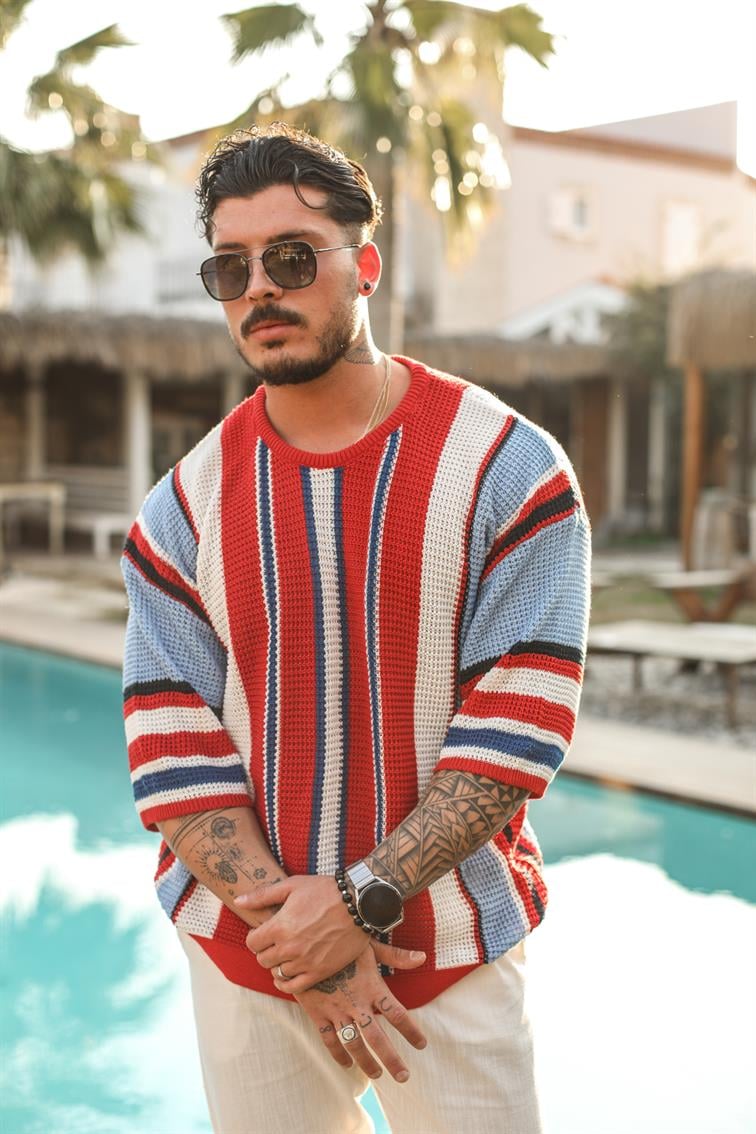 Renkli Şeritli Örme İnce Triko T-Shirt Kırmızı