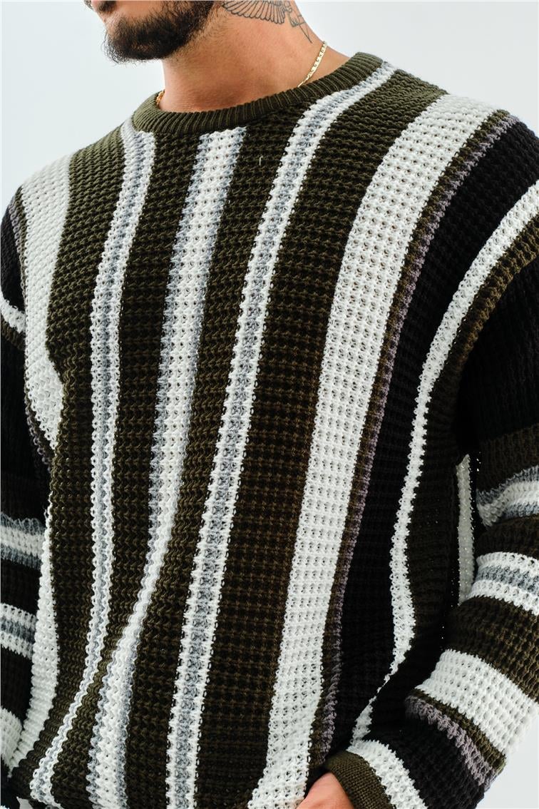 Renkli Şeritli Örme Oversize Kazak Haki