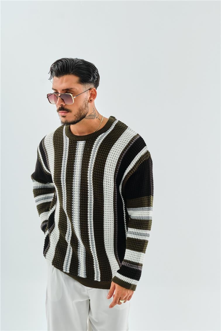 Renkli Şeritli Örme Oversize Kazak Haki