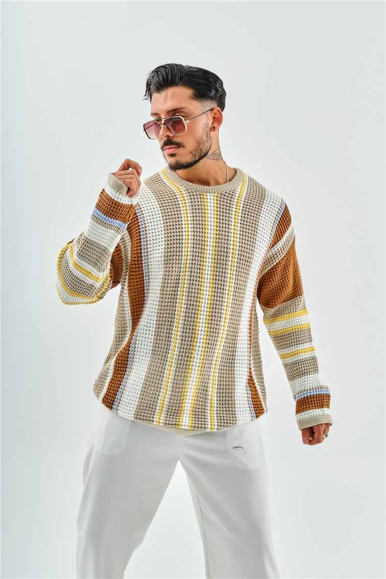 Renkli Şeritli Örme Oversize Kazak Krem