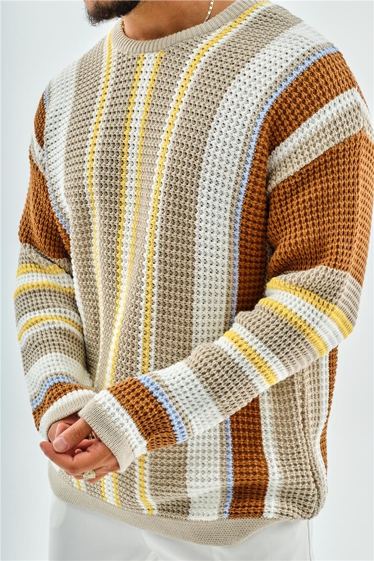 Renkli Şeritli Örme Oversize Kazak Krem