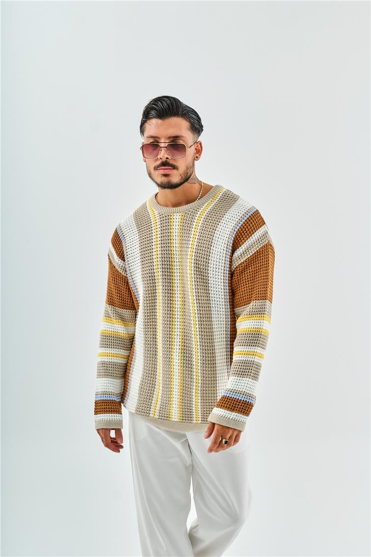 Renkli Şeritli Örme Oversize Kazak Krem