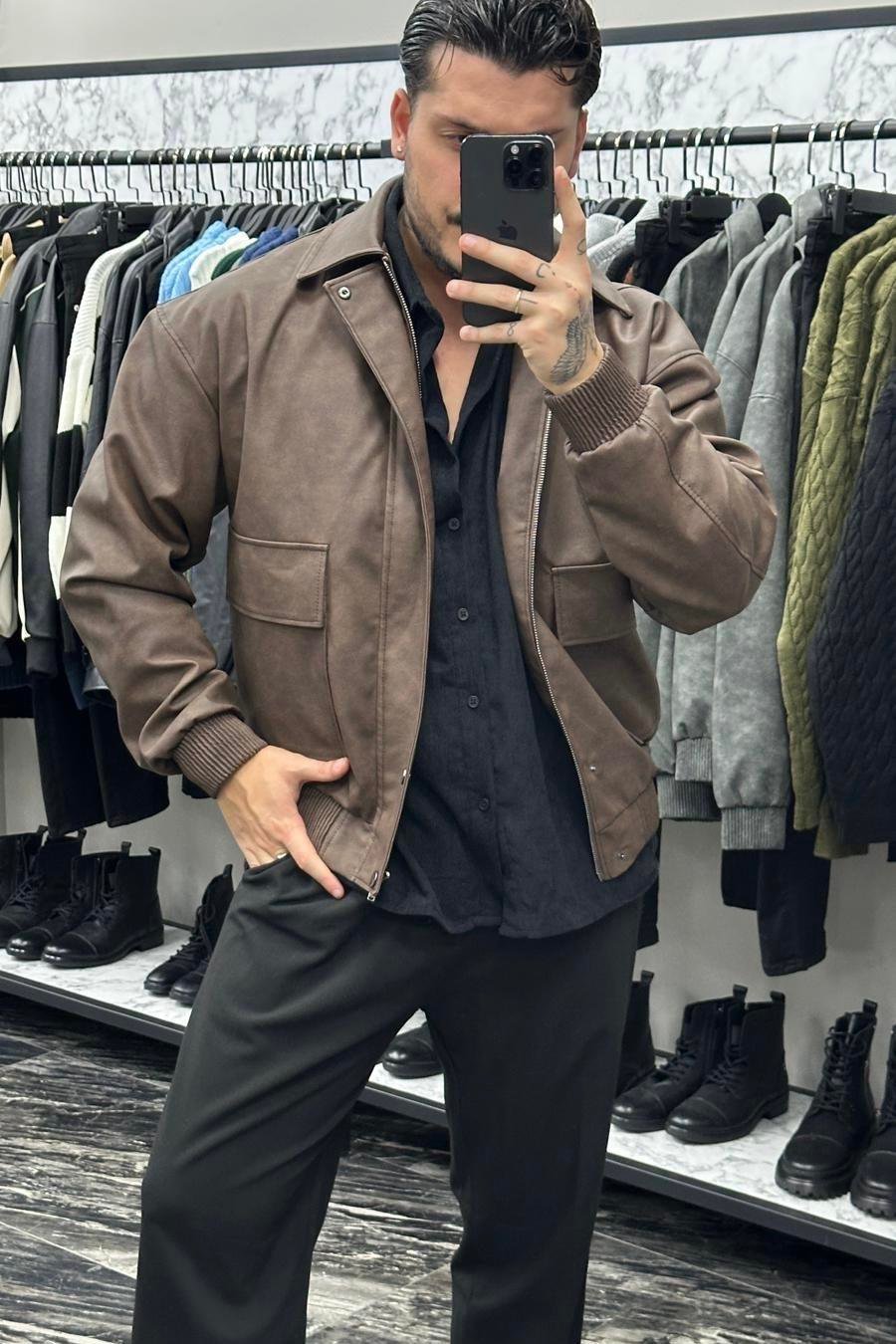 Retro Workwear Yıkamalı Kapak Cepli Deri Ceket Kahve