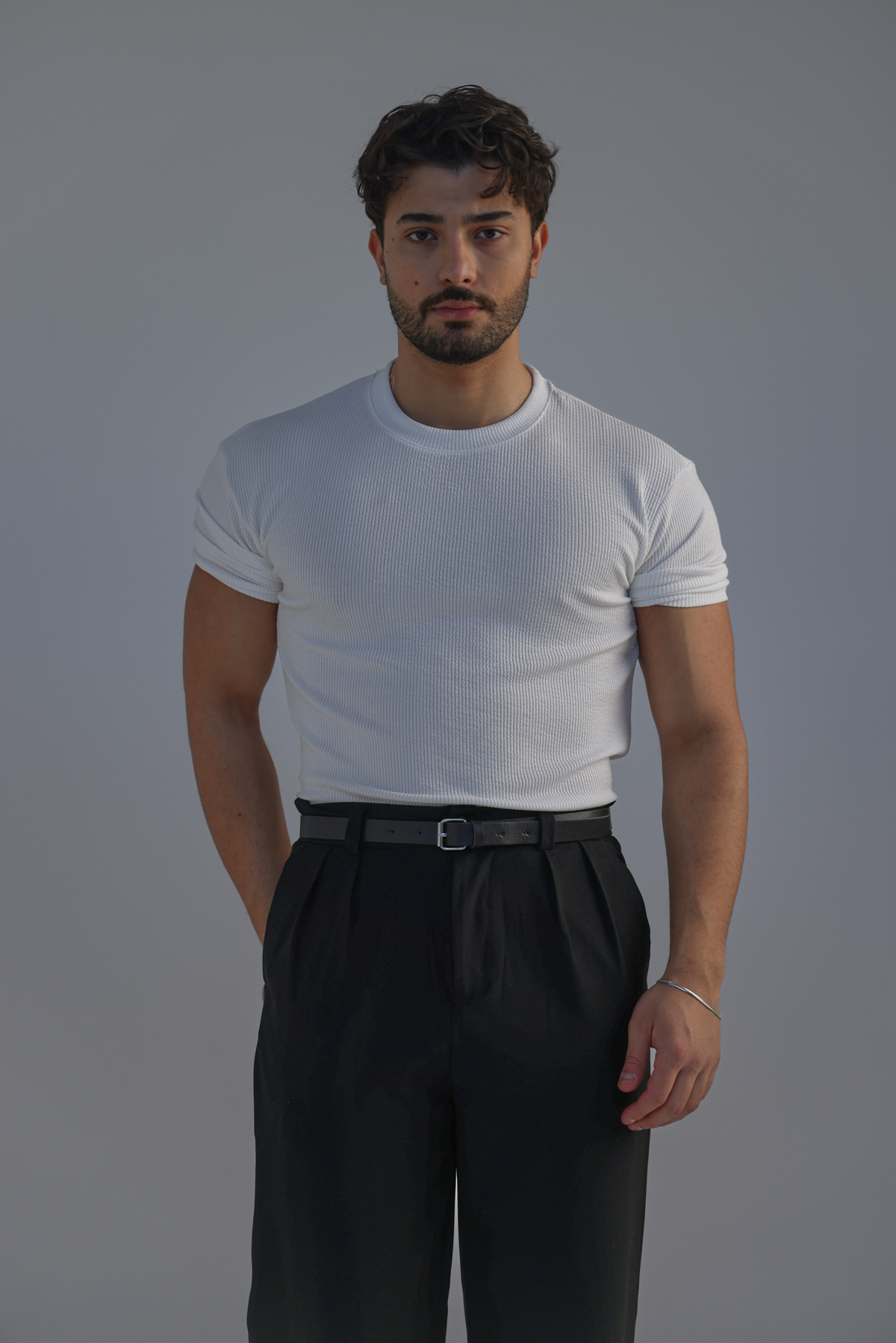 Ribbed Kolu Lastikli Fitilli Tshirt Beyaz