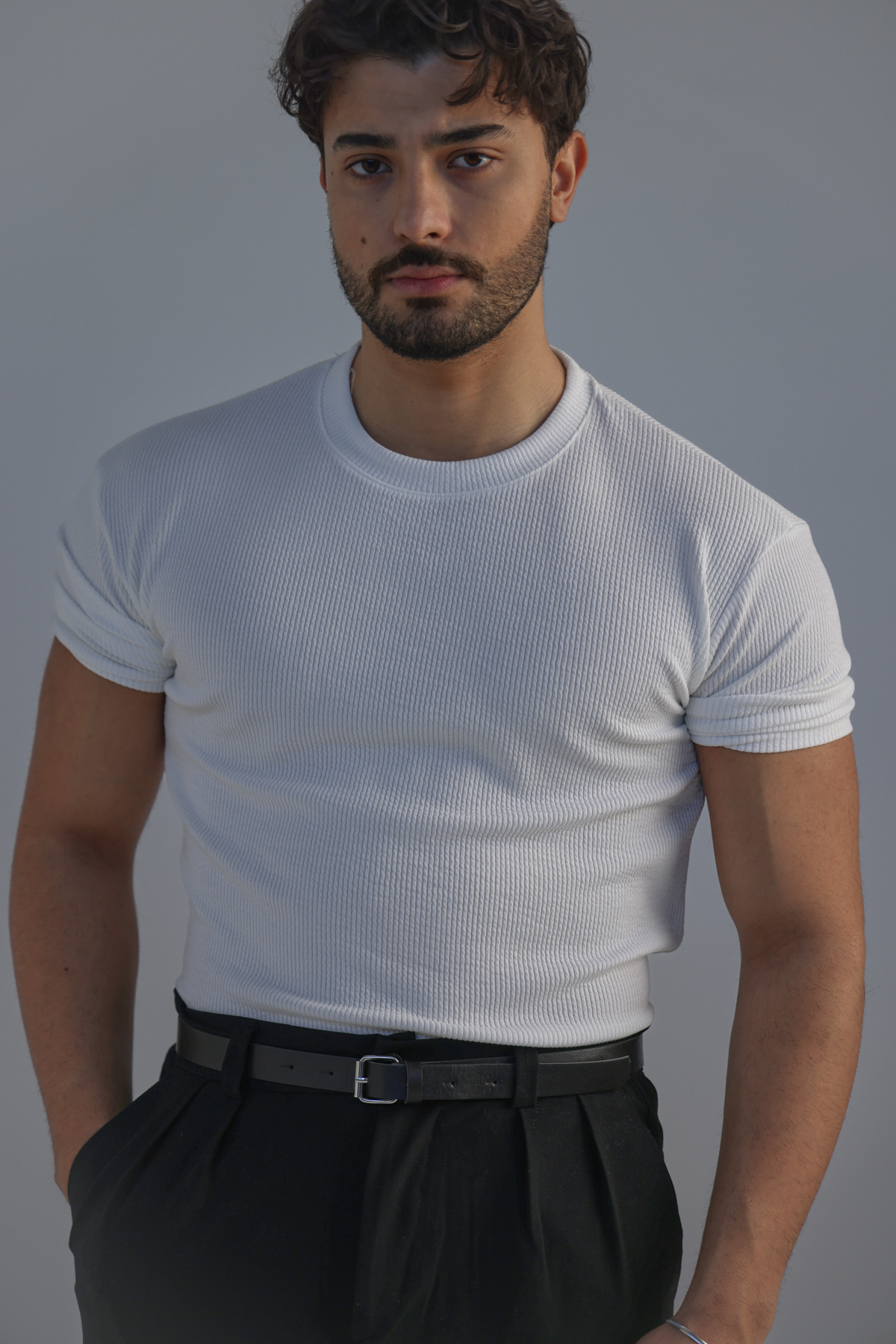 Ribbed Kolu Lastikli Fitilli Tshirt Beyaz