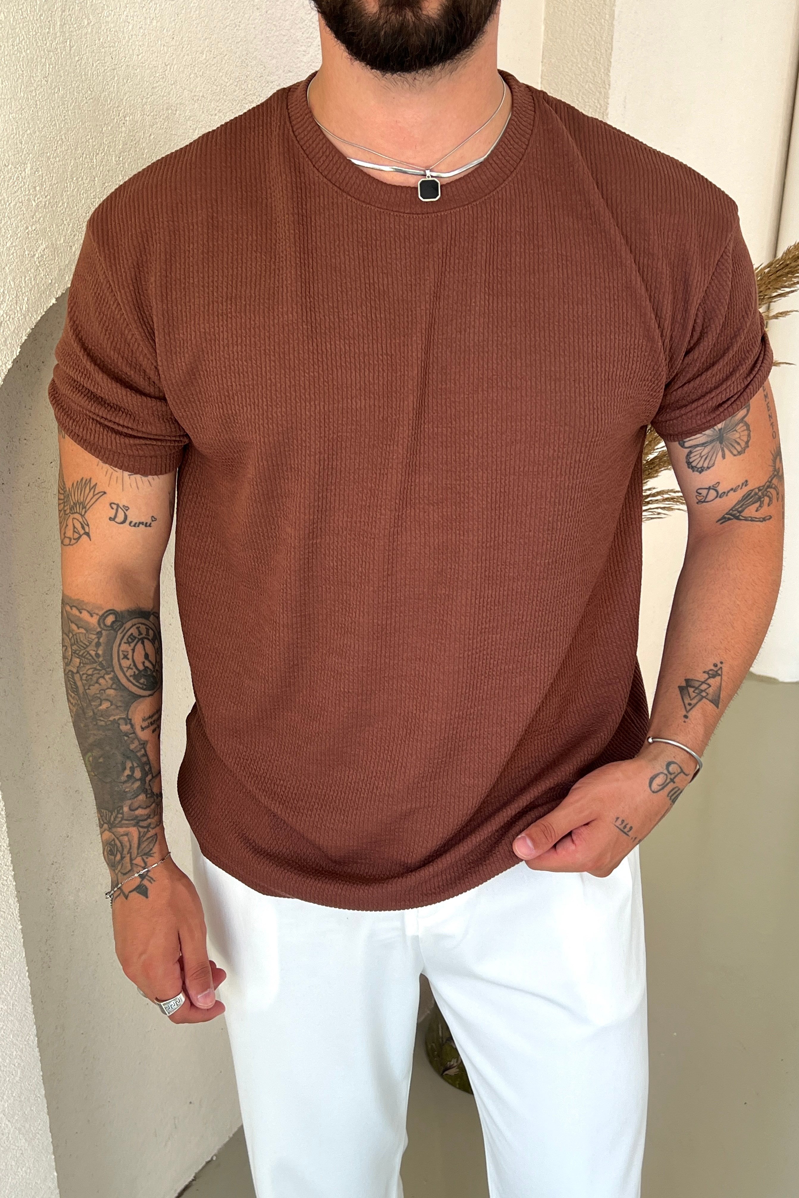 Ribbed Kolu Lastikli Fitilli Tshirt Kahve
