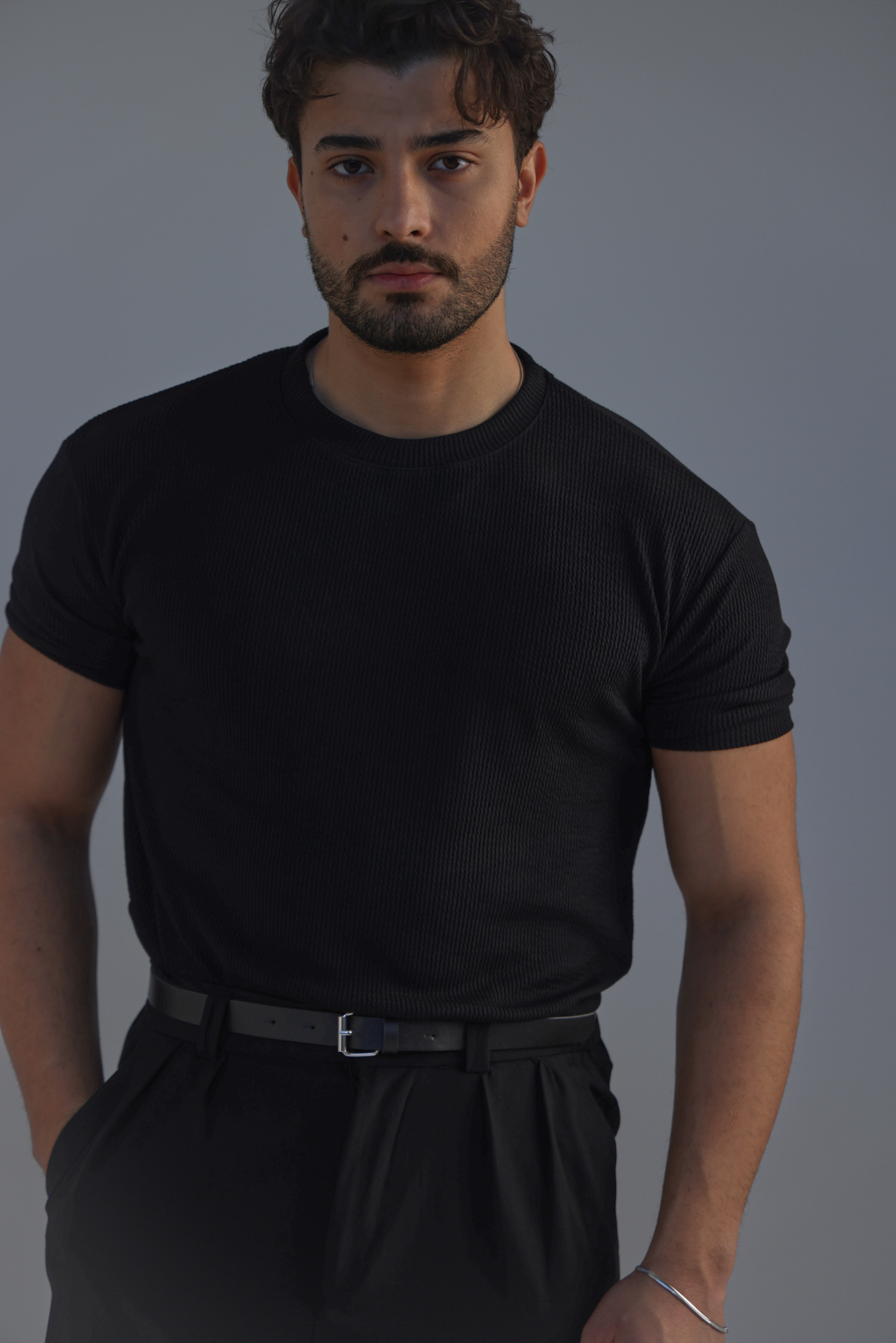 Ribbed Kolu Lastikli Fitilli Tshirt Siyah