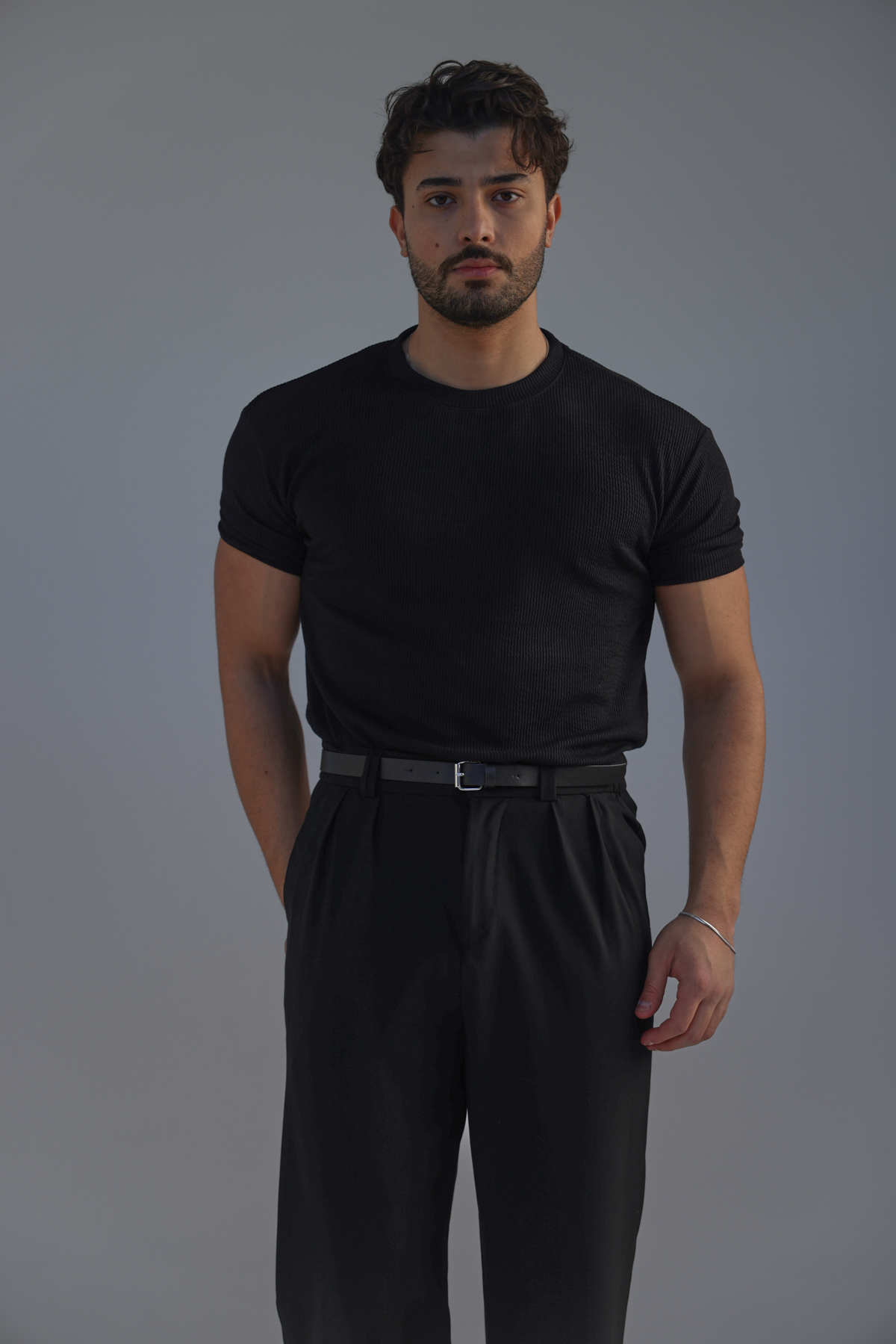 Ribbed Kolu Lastikli Fitilli Tshirt Siyah