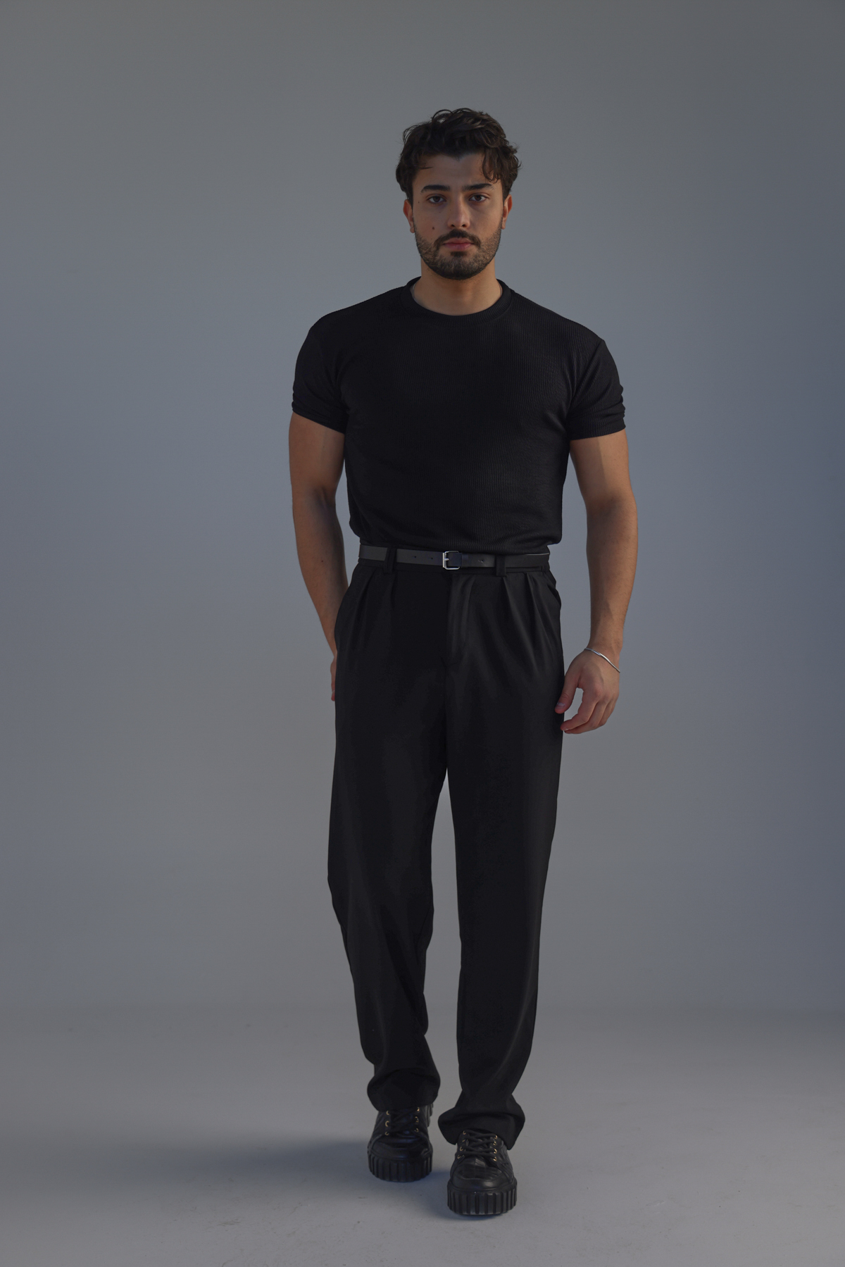 Ribbed Kolu Lastikli Fitilli Tshirt Siyah