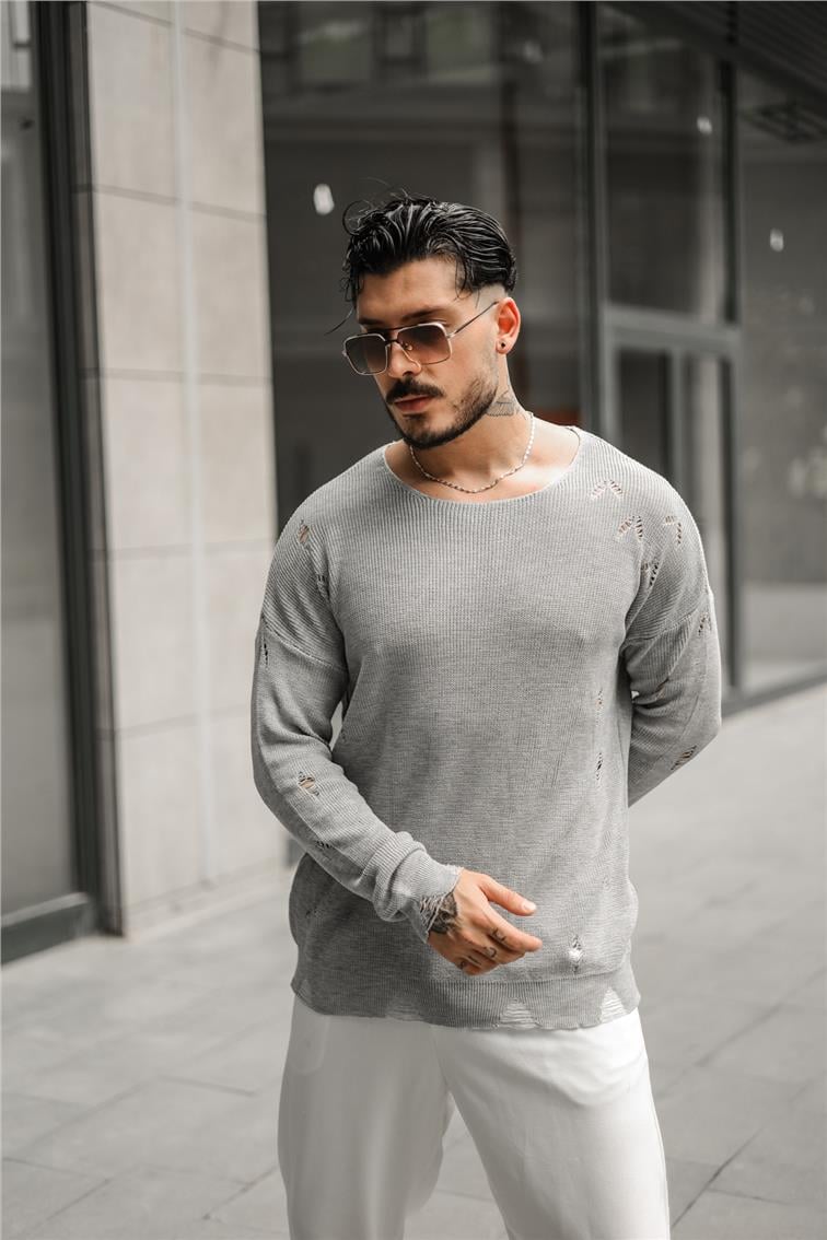 Ripped Örgülü Oversize Kazak Gri