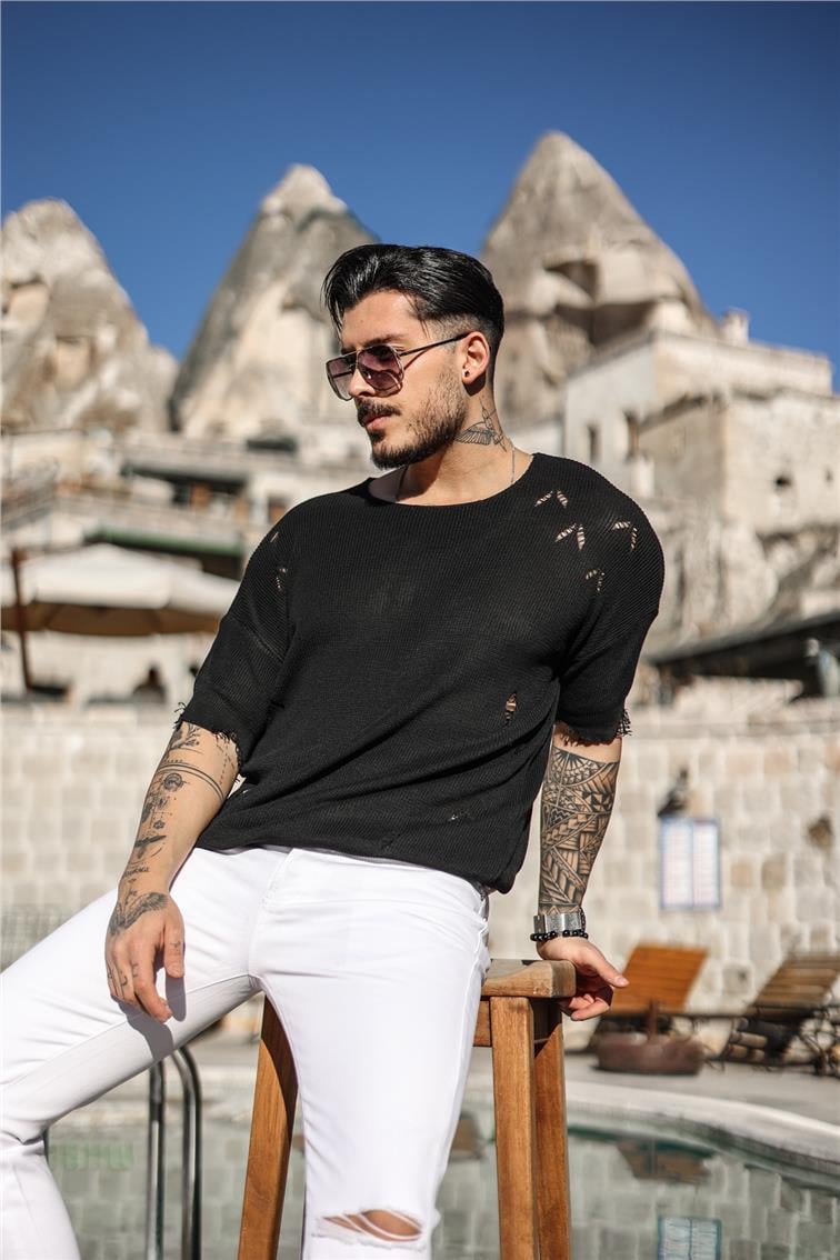 Ripped Oversize Fakir Kol T-Shirt Siyah