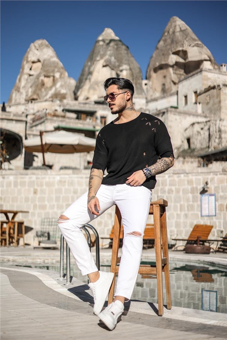 Ripped Oversize Fakir Kol T-Shirt Siyah