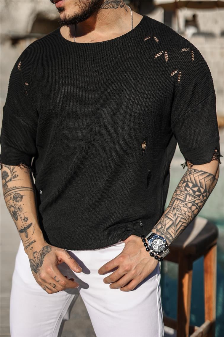 Ripped Oversize Fakir Kol T-Shirt Siyah
