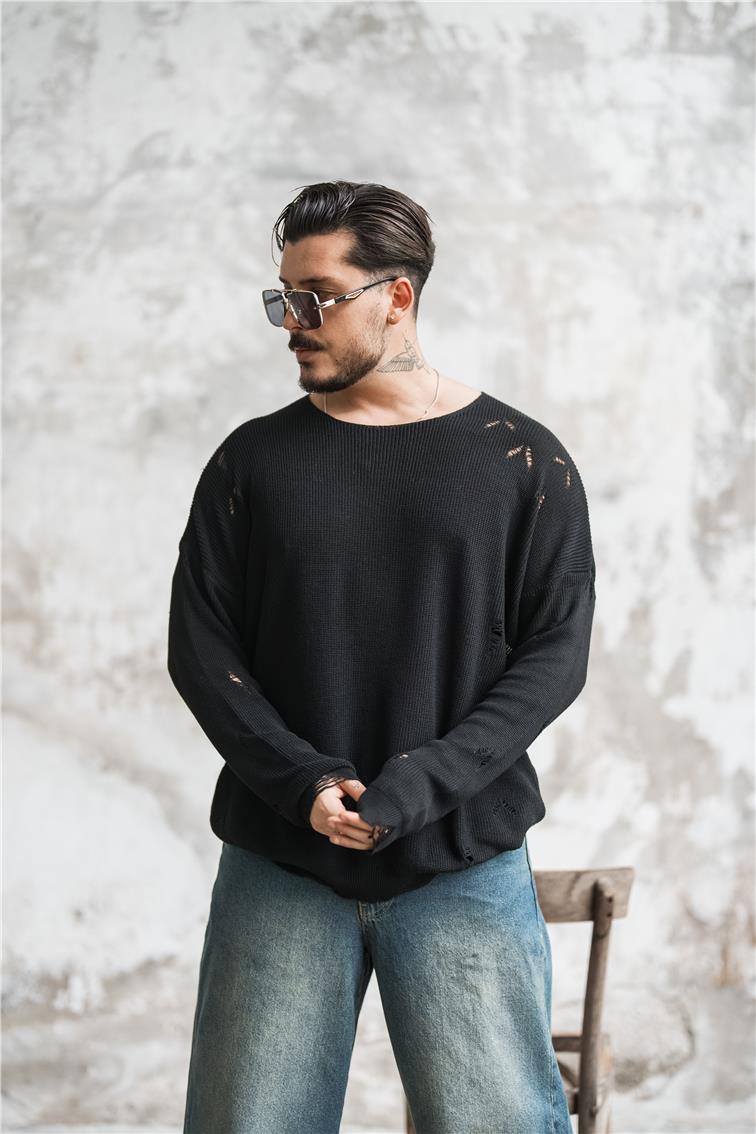Ripped Oversize Kazak Siyah