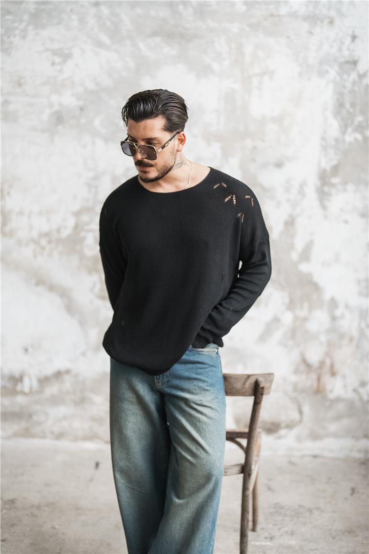Ripped Oversize Kazak Siyah