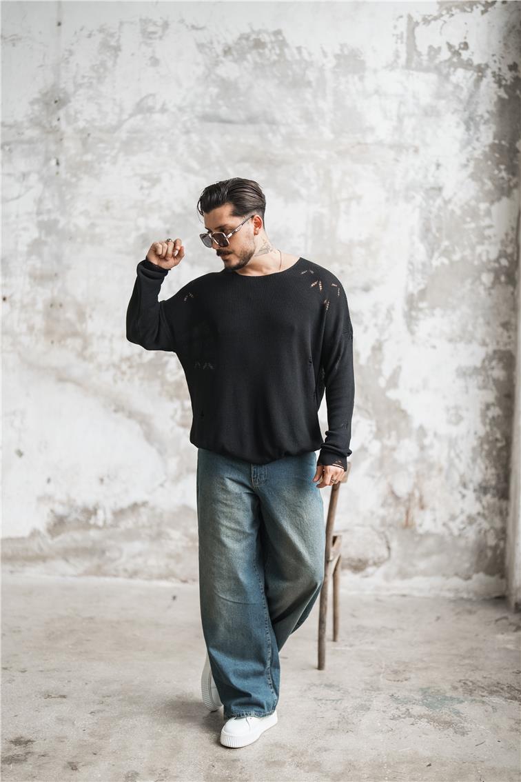 Ripped Oversize Kazak Siyah