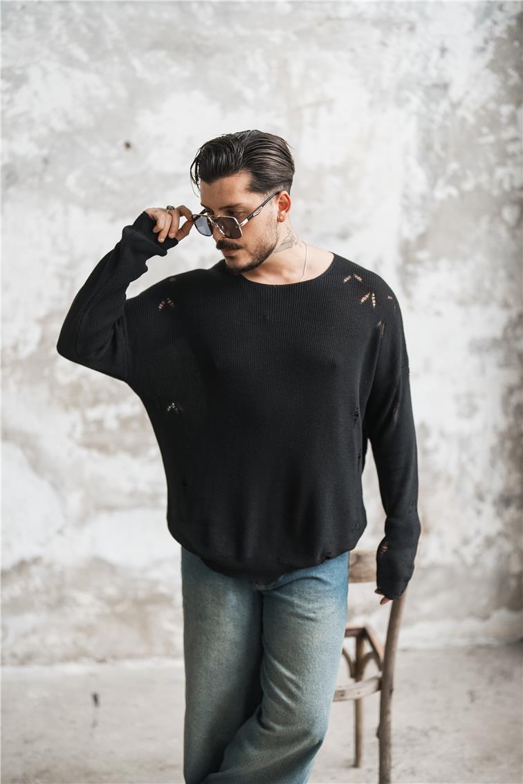 Ripped Oversize Kazak Siyah