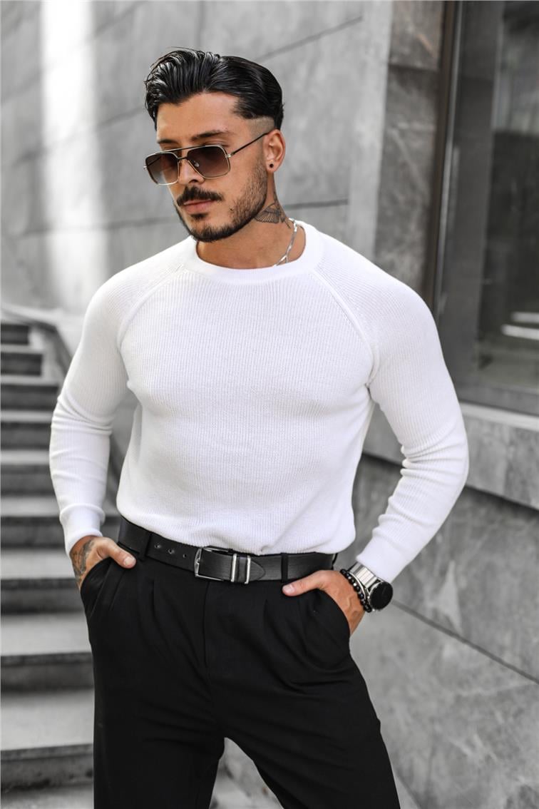 Sade Regular Fit  Triko Kazak Beyaz