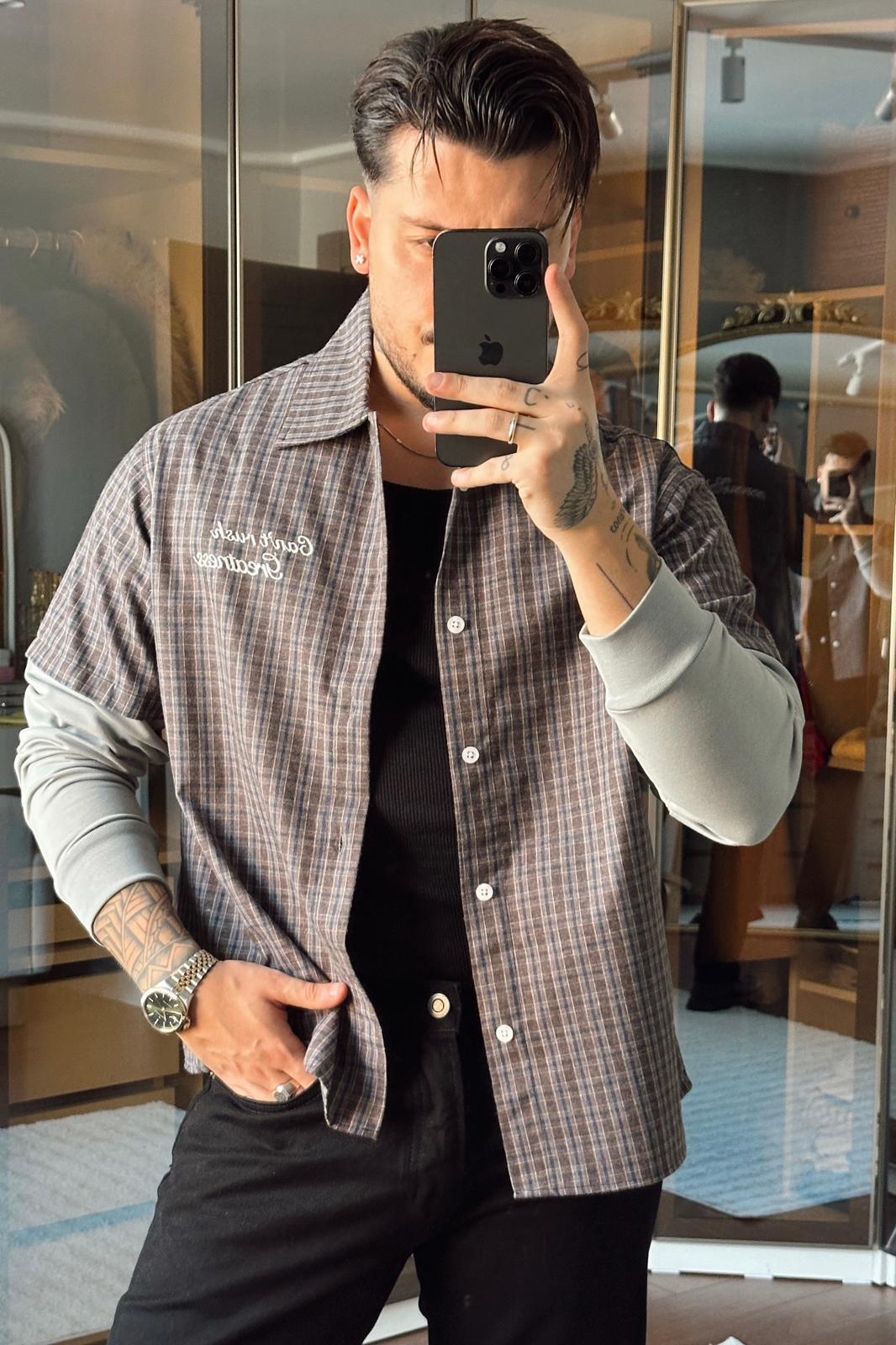 Şardonlu Kol Ekose Bol Gömlek Kahve