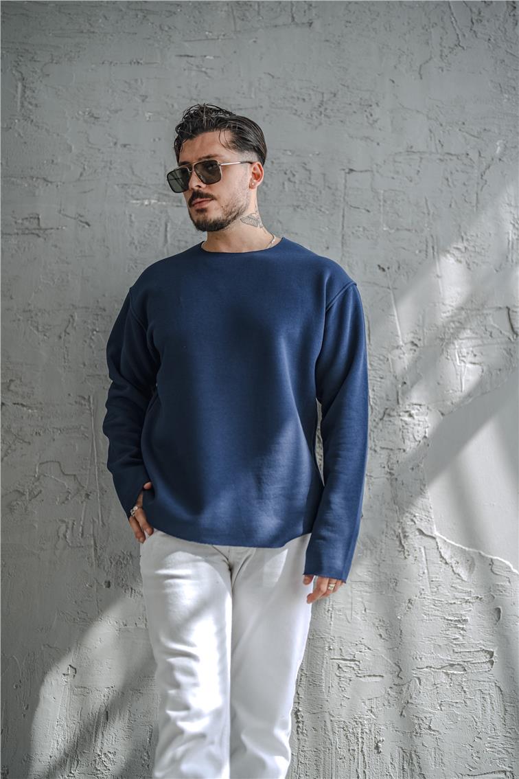 Şardonlu Lazer Kesim Oversize Sweatshirt İndigo