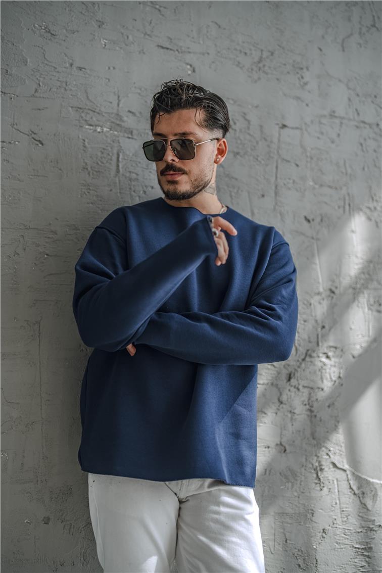 Şardonlu Lazer Kesim Oversize Sweatshirt İndigo