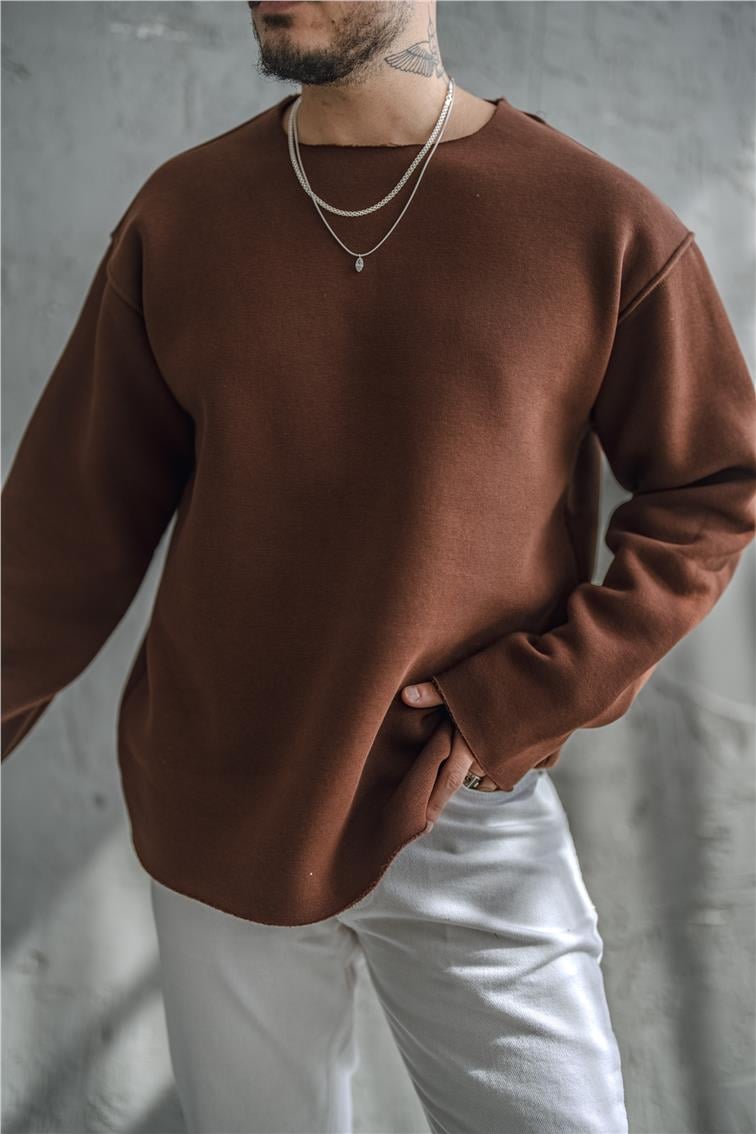 Şardonlu Lazer Kesim Oversize Sweatshirt Kahve